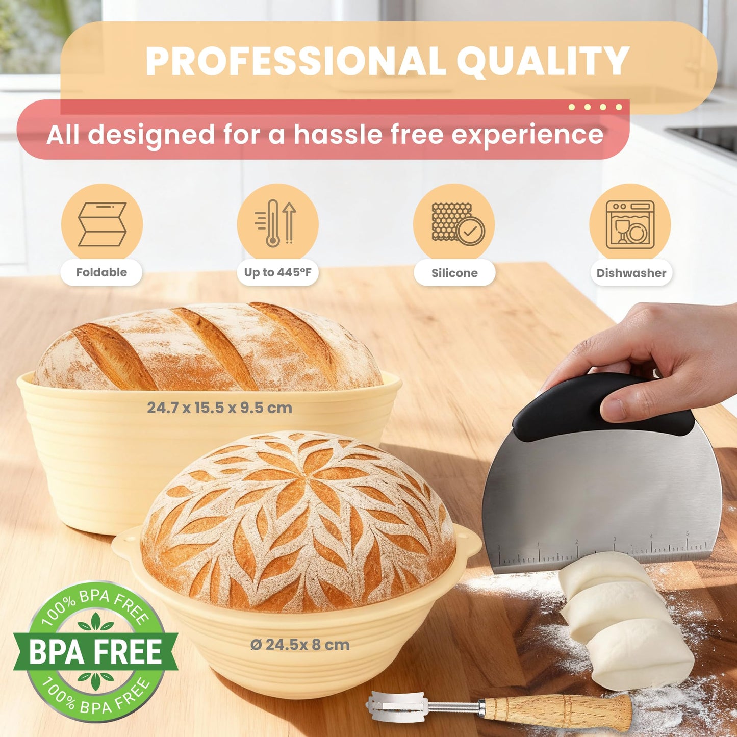 Complete Sourdough Starter Kit, Sourdough bread baking supplies, Great Gift Beginners Bread Makers 24oz Fermentation Jar 9" and 10" Silicone Banneton Bread Proofing Basket, sour dough Whisk,18 in 1