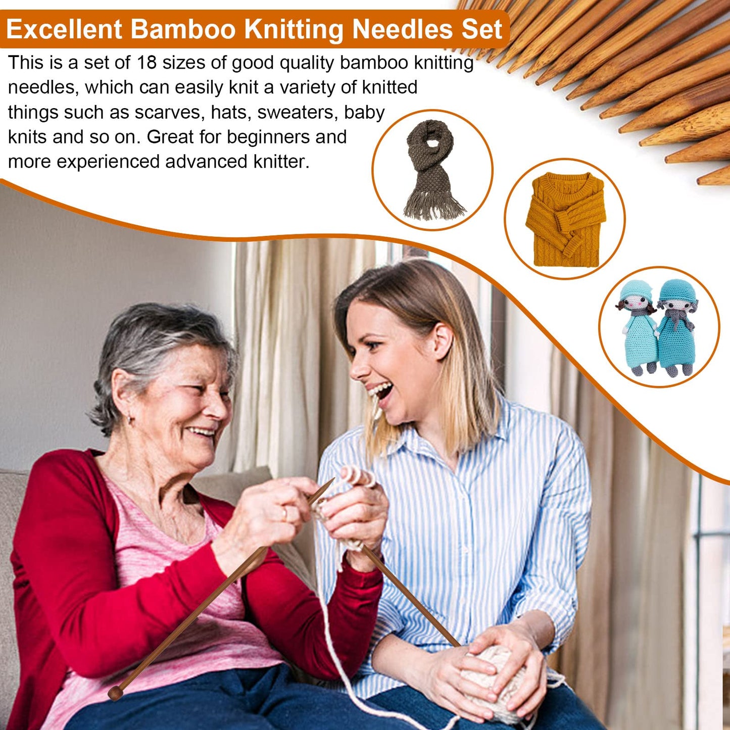 Aeelike 18 Pairs Bamboo Knitting Needles Set - 10 Inches Wooden Knitting Needles Single Point with Roll Bag - Portable Knittings Needle Set for Beginners (2mm - 10mm)