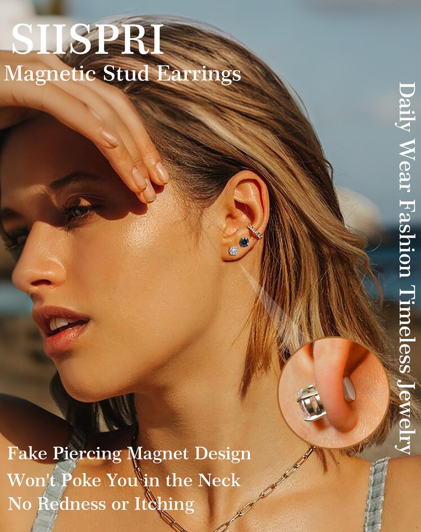 SIISPRI 4 Pairs Stainless Steel Magnetic Stud Earrings for Men Women Hypoallergenic Inlaid Cubic Zirconia Unisex Non-Piercing Clip On Stud Diamond Earrings Set
