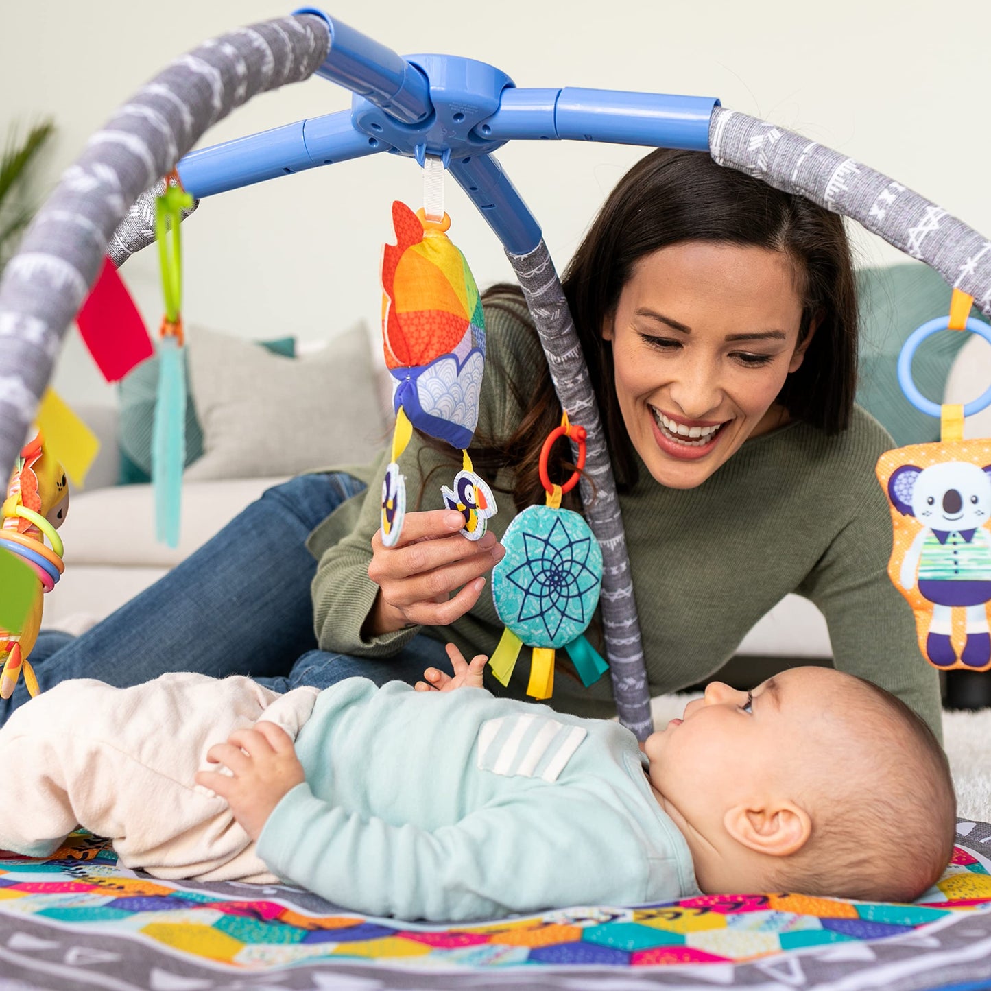 Infantino 4-in-1 Twist & Fold Musical Mobile Gym - Includes Linkable Toys, Repositionable Mirror, Feather Teether, On-The-Go Activities, Boho Styled Play Mat for Infants and Toddlers 0M+