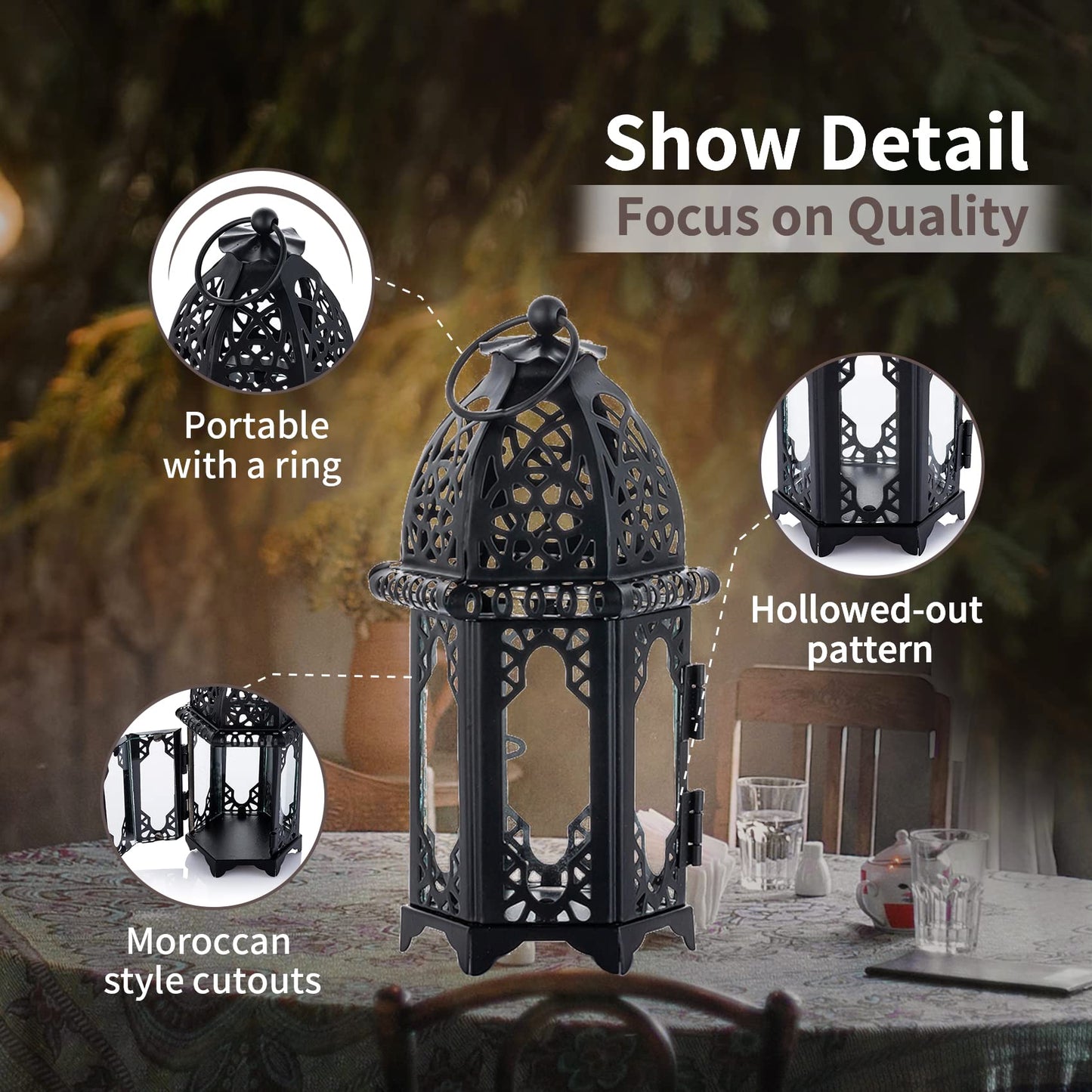 NUPTIO 6 Pcs Hanging Candle Holder Lantern Centerpiece Table/Hanging Glass Hexagon Moroccan Candle Lantern Holders, Black