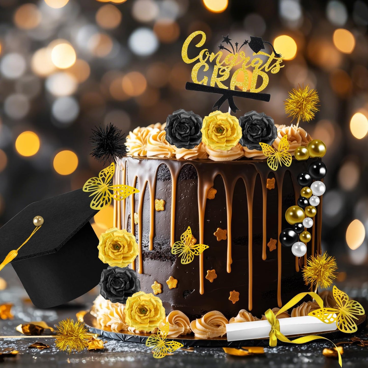 39 Pcs Graduation Cake Kit Includes Felt Graduation Cap Topper with Tassel Firework, 3D Butterfly Decor Beads, Flowers Diploma Cake Decorations, Cake Topper for 2026 Graduate Party (Black Gold).