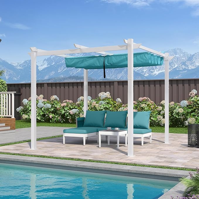 PURPLE LEAF 10' x 10' Aluminum Outdoor Pergola White Wind-Resistant Retractable Pergola with Double Sun Shade Canopy Heavy-Duty Metal Pergola for Patios Backyard Deck Garden, Blue