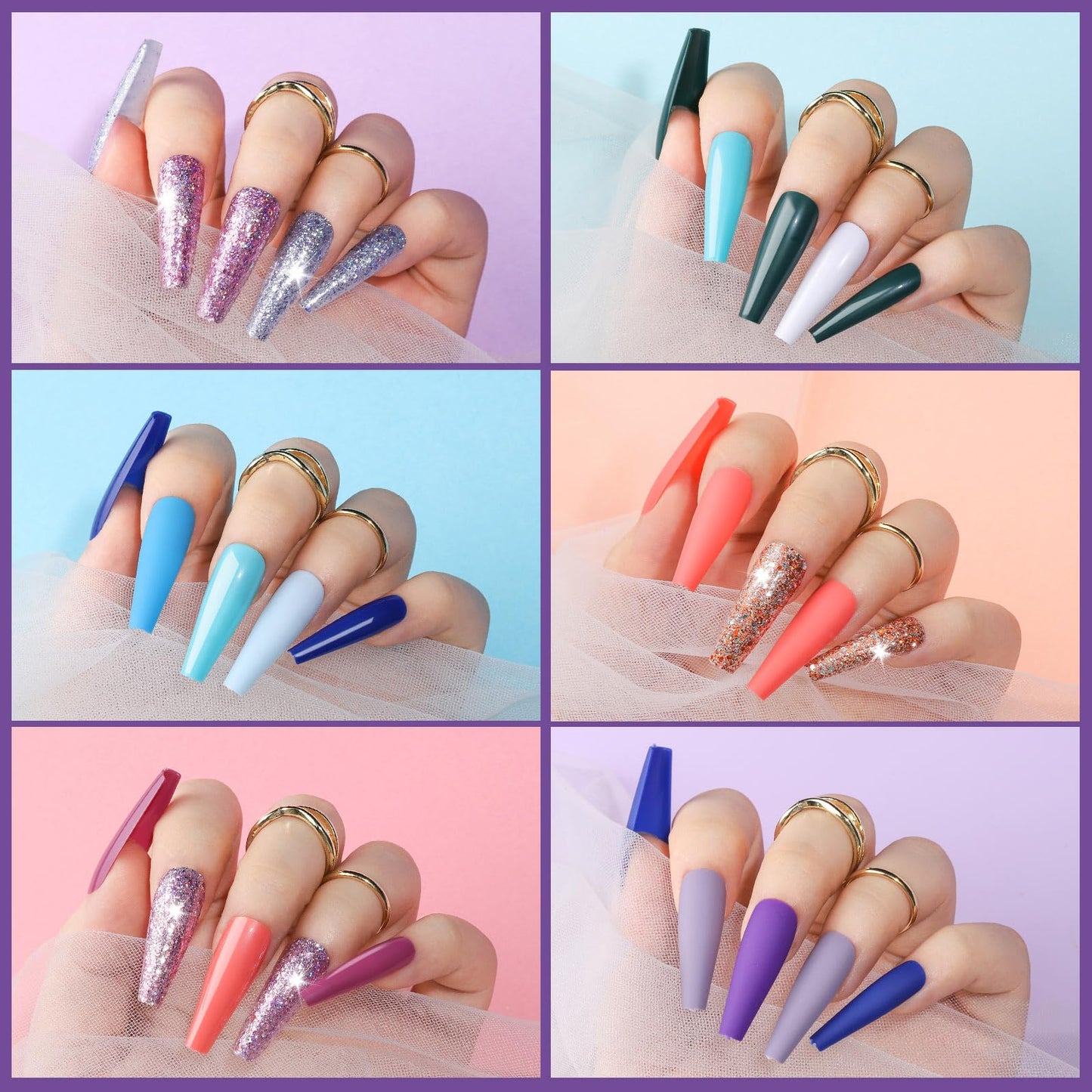 Teenitor Long Fake Nails Kit - 10 Colors Matte & Glossy, 4 Glitter Press On Nails