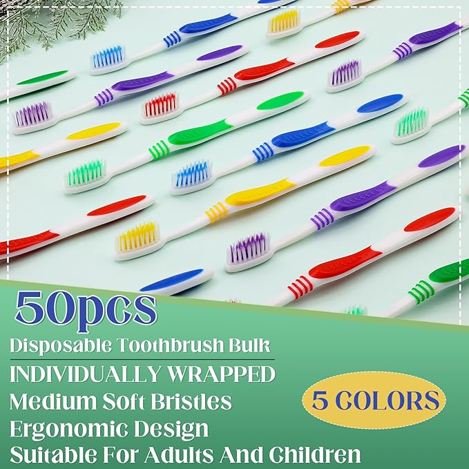 50 Pcs Toothbrush Bulk Disposable, Travel Toothbrushes Pack, Soft Bristle Individually Wrapped and Good Cleaning for Kids, Adult and The Elderly. Suitable for Hotel, Travel, Home, Donated
