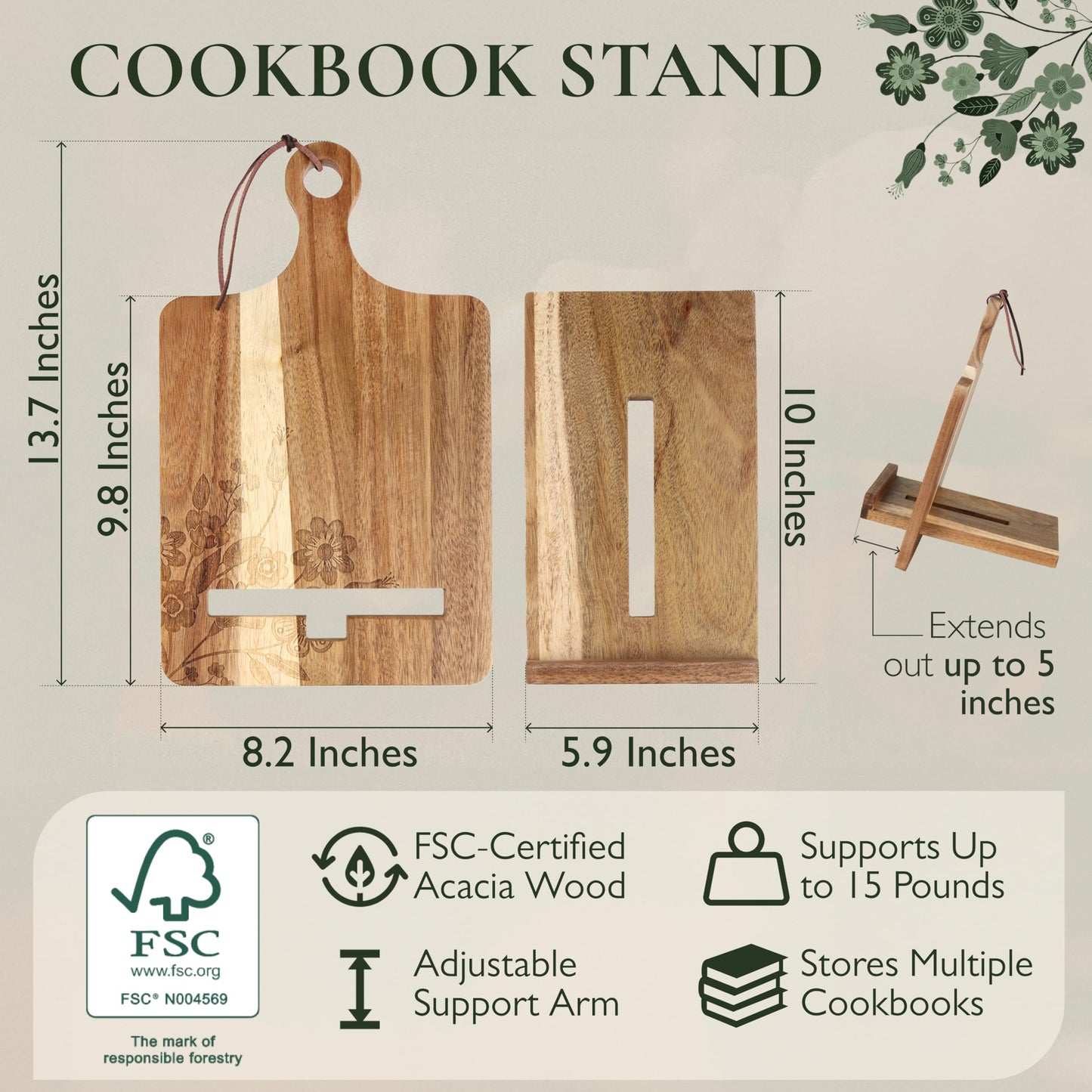 ULLAHOLM Wood Cookbook Stand for Kitchen Counter, Mother's Day Gift for Mom, Reversible Acacia Recipe Book Holder, Cooking Measurement Conversion Card, Adjustable Tablet Holder, Charging Cable Slot