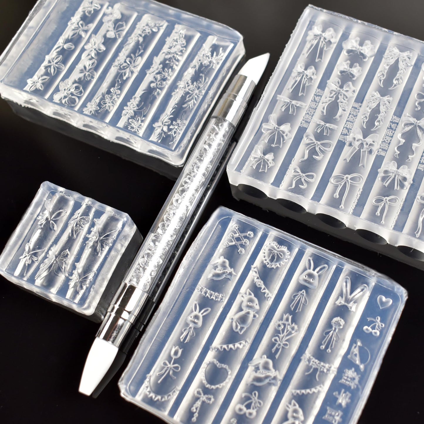 4pcs Silicone Nail Art Molds 3D Multiple Shapes Flowers Ribbon Lace Bows Bunny Butterfly Charm Molds with Carving Pen Clear Modeling Templates Manicure Tools for DIY Salon Nail Design