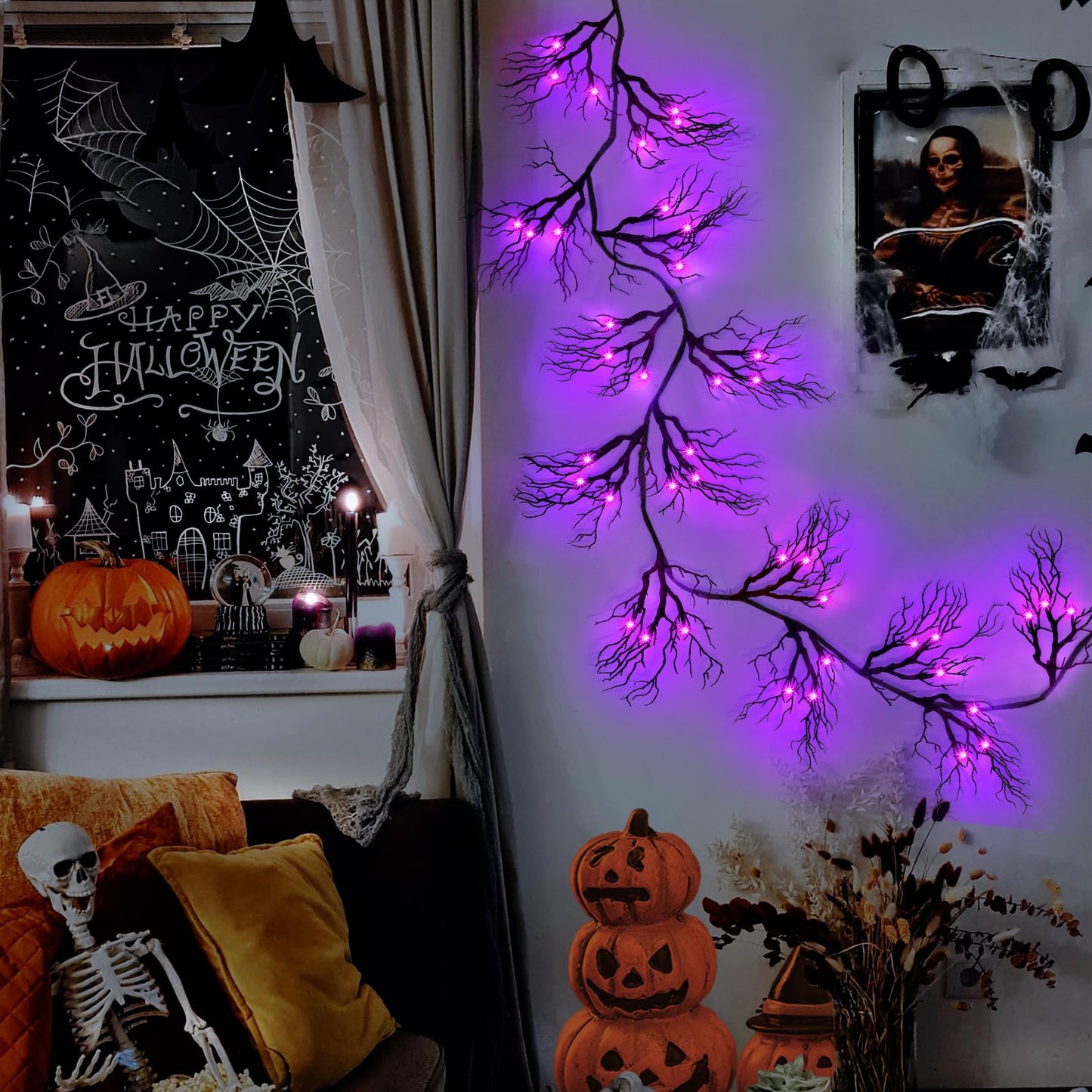 [ 8 Modes & Timer ] 9 Ft 66 LED Halloween Willow Vine Twig Decor Garland Decorations with Purple Lights, Halloween Garland with Battery Operated Waterproof for Home Wall Fireplace Mantle Decorations