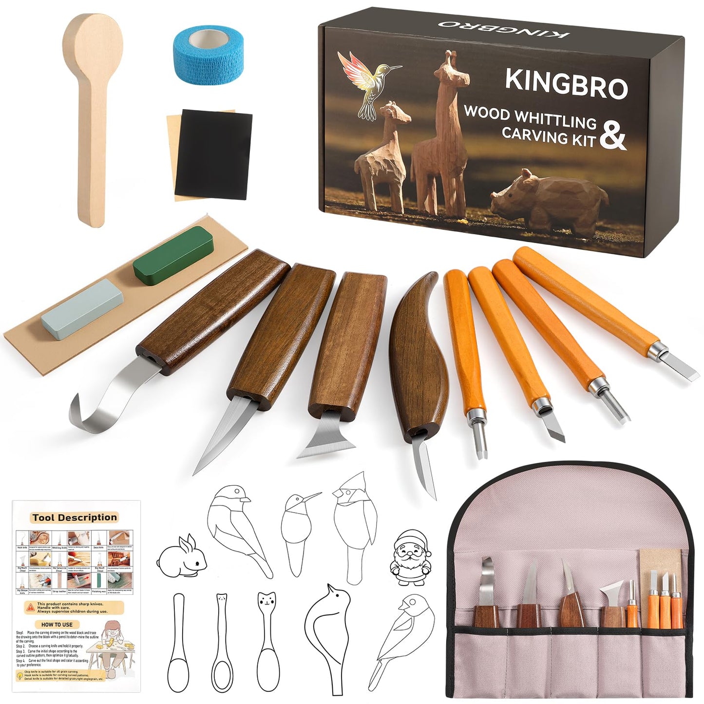 KINGBRO 20 PCS Wood Carving Kit for Beginners, Whittling Kit for Beginner and Kids, Wood Carving Tools with Safety Protection. 8 pcs Whittling Knife Wood Carving Set with 2 pcs Custom Sticker