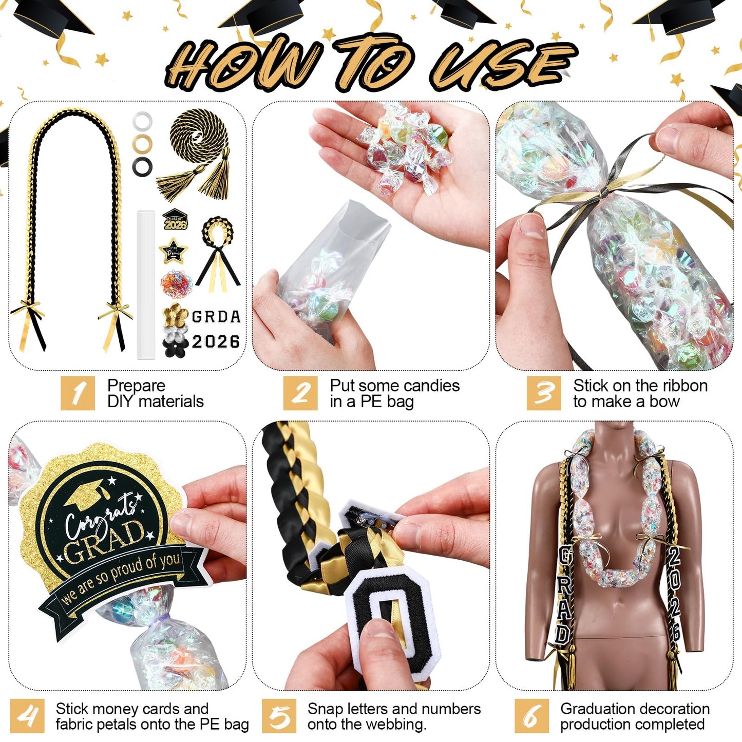 Graduation Candy Lei Making Kit Class of 2026 DIY Lei PE Bags Tubing Money Leis 2026 Graduation Ribbon Necklace Include 2 x 5 ft PE Bags 90 Pcs Flower Accessories for Grad Party Supplies (Gold, Black)
