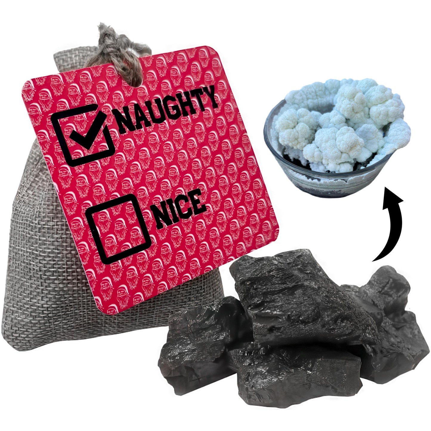 Lump of Coal Christmas Stocking Stuffer – Approximately 2.5 oz Real Coal in Burlap Bag – Gag Gift with Snowflake Crystal Growing Experiment – STEM Learning Experiment for All - Bag of Coal Gag Gift