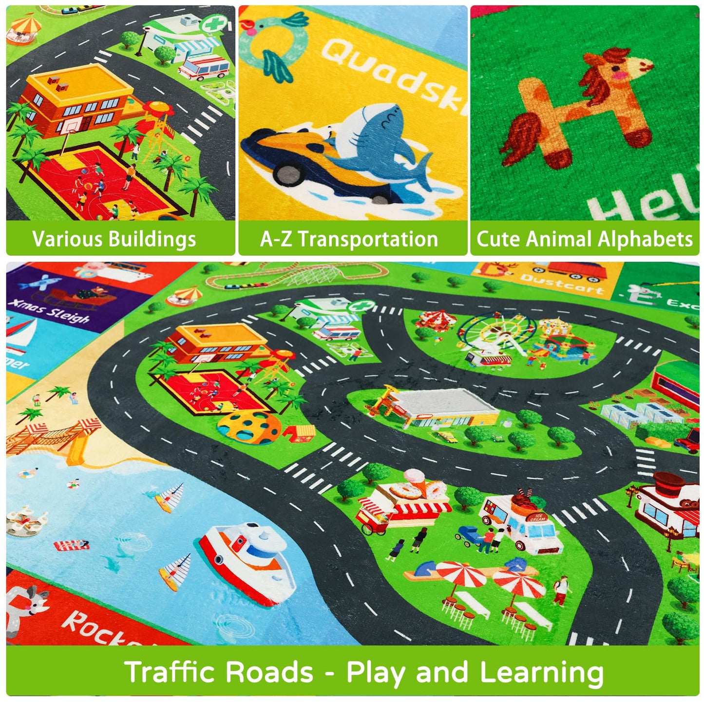 AKASISRUG ABC Transportation Kids Rugs 78.7"×59" for Playroom Educational Alphabet Mat