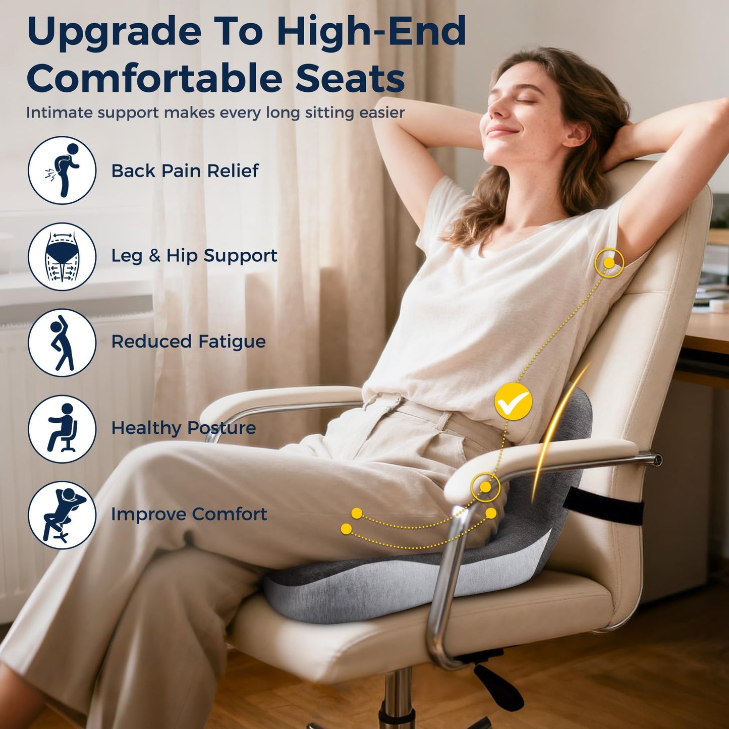 Seat Cushion, Office Chair Cushions for Tailbone Relief, Seat Cushions for Office Chair with L-Shaped Ergonomic Design & Adjustable Strap, Memory Foam Chair Cushion for Long Sitting Worker(Black Gray)