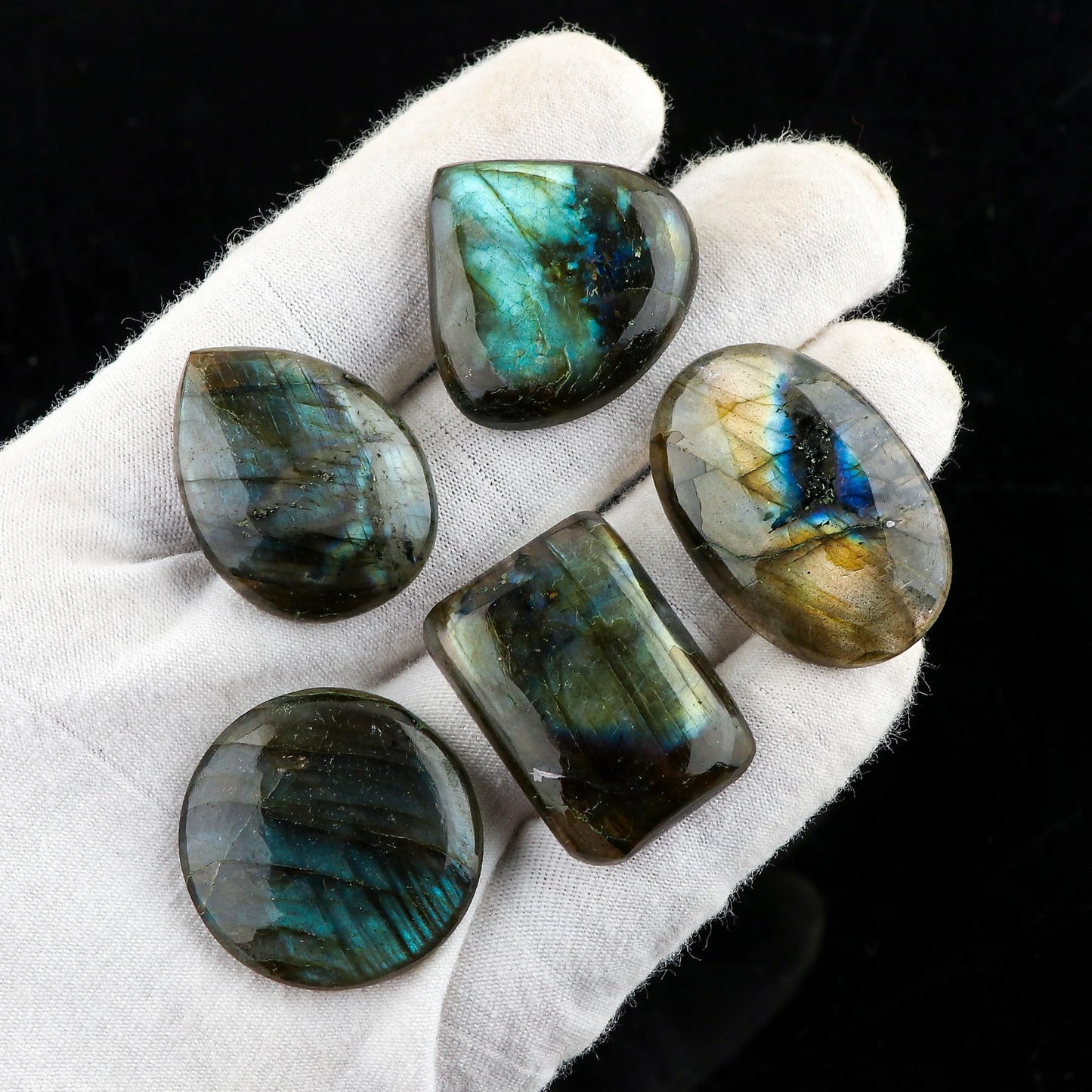 CRYSTALIS Wholesale 5pcs Natural Labradorite Loose Gemstone Bulk Cabochons Jewelry Making Supply, Chakra Healing Polished Stones, Wire Wrapping, DIY, Gem Collection