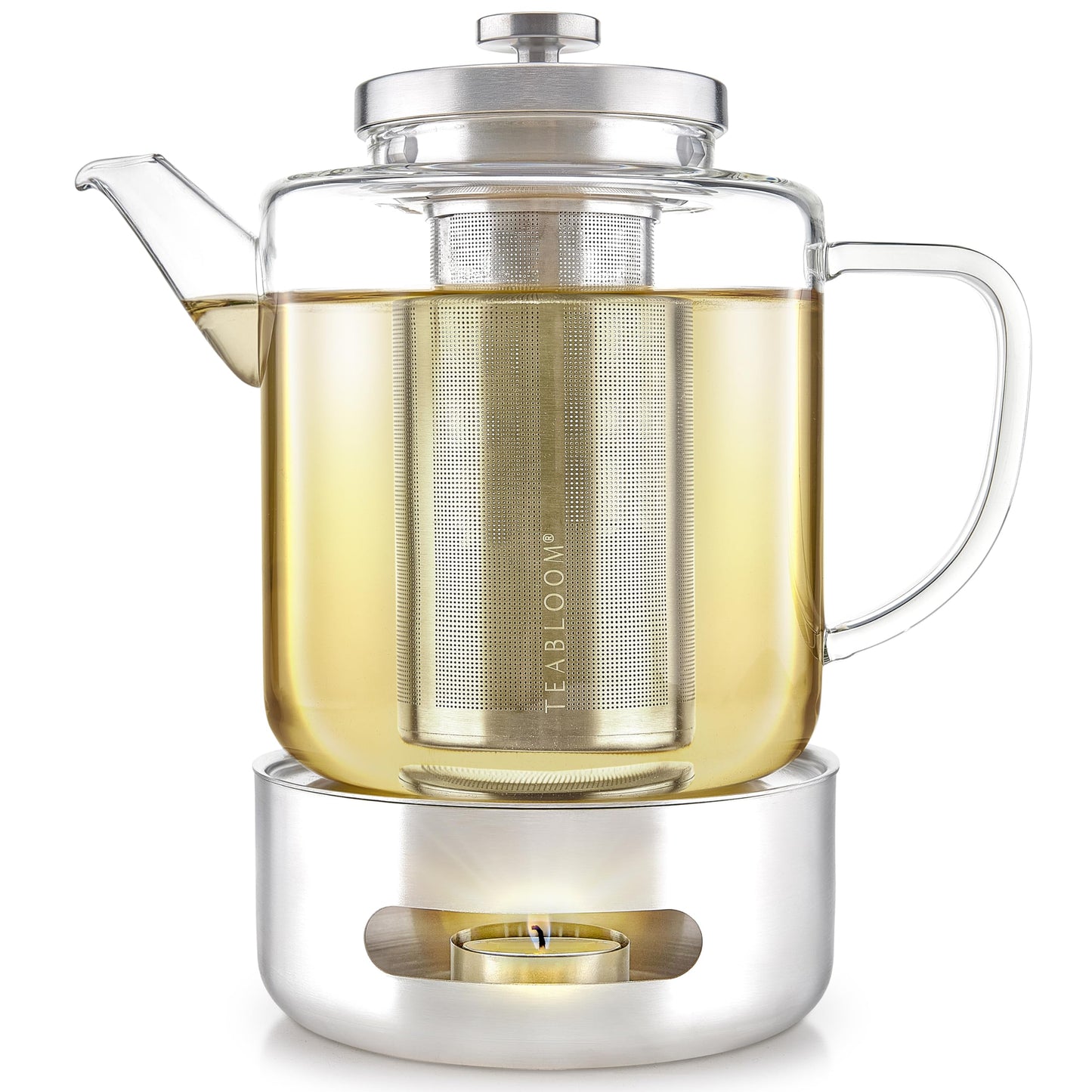 Teabloom Joyful Warmth Teapot with Tea Warmer – 50 oz (6+ Cups) Hand-Blown Borosilicate Glass, Stainless Steel Loose-Leaf Infuser, Heat-Resistant Kettle, Elegant Gift Set for Tea Lovers