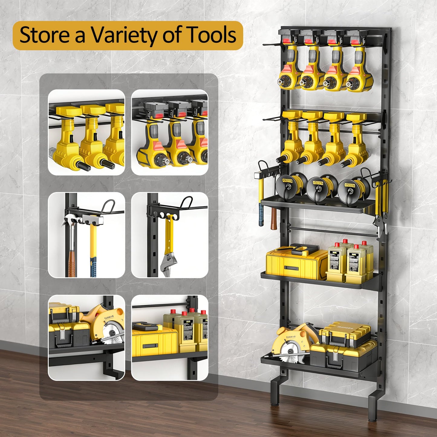 BUKFEN Garage Tool Storage Rack, Wall Mount 5-Tier Heavy Duty Metal Organizer with 8 Drill Holder Slots, Adjustable Shelves, Side Hooks Workshop Utility 1 Pack Black Vertical Space-Saving Organization