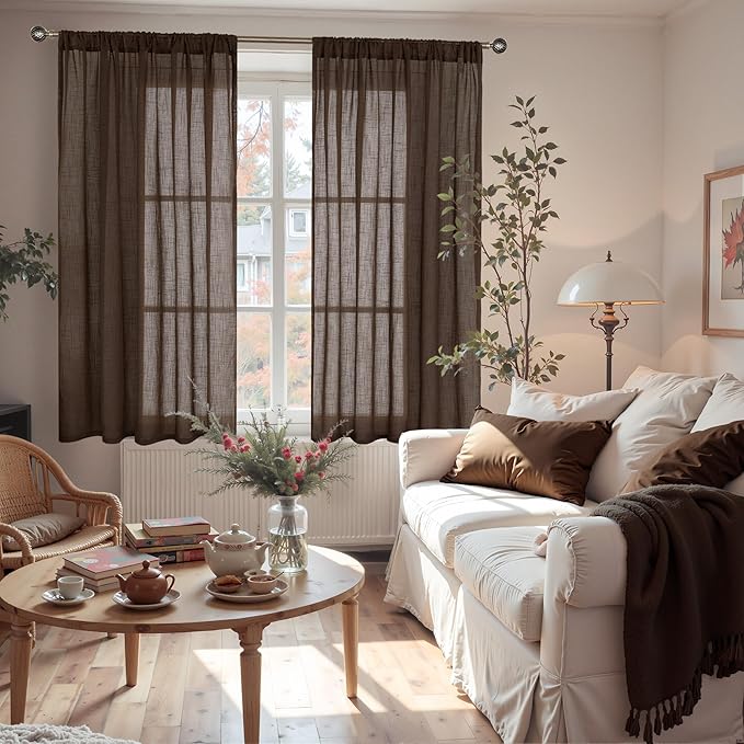 BGment Brown Linen Curtains 45 Inch Length for Window, Short Semi Sheer Drapes Light Filtering for Bedroom Kitchen Bathroom Decor Lightweight Rod Pocket, 2 Panels Set, Each 42 Inch Wide