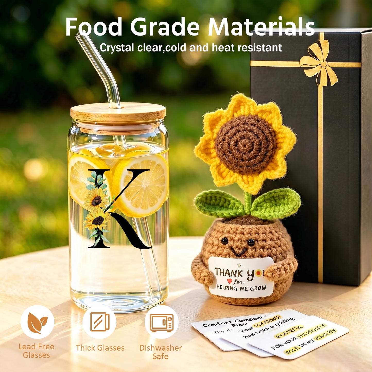 2 in 1 Personalized Glass Drinking Cup and Emotional Support Crochet Office Desk Decor Sunflower Lover Gift Paraprofessional Friend Co Appreciation Worker Easter Friendship Women Birthday Present M