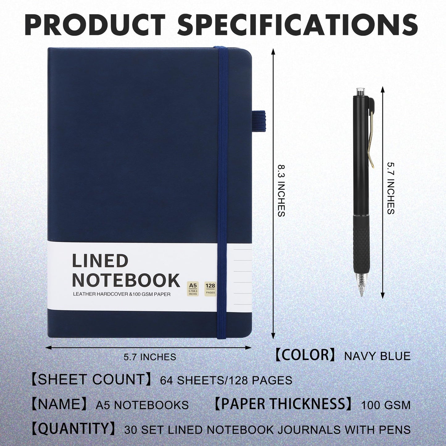 Aodaer 30 Set Lined Notebook Journals with Pens A5 Notebooks 100 GSM College Ruled Hardcover Notebook PU Leather Notepad with Pen Holder for Office School, 5.7 x 8.3 Inches, Navy Blue