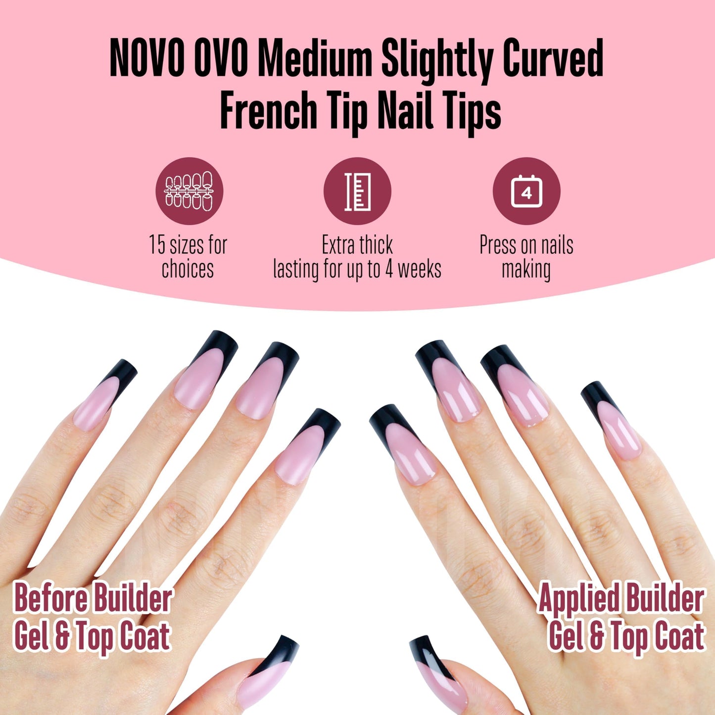 NOVO OVO Halloween Black French Tip Nail Tips Slightly Curved Medium BERRY PINK Full Cover for Press on Acrylic, Extra Thick M Soft Gel False Nail, need Builder Gel Top Coat, for DIY 15 Sizes 240 pcs