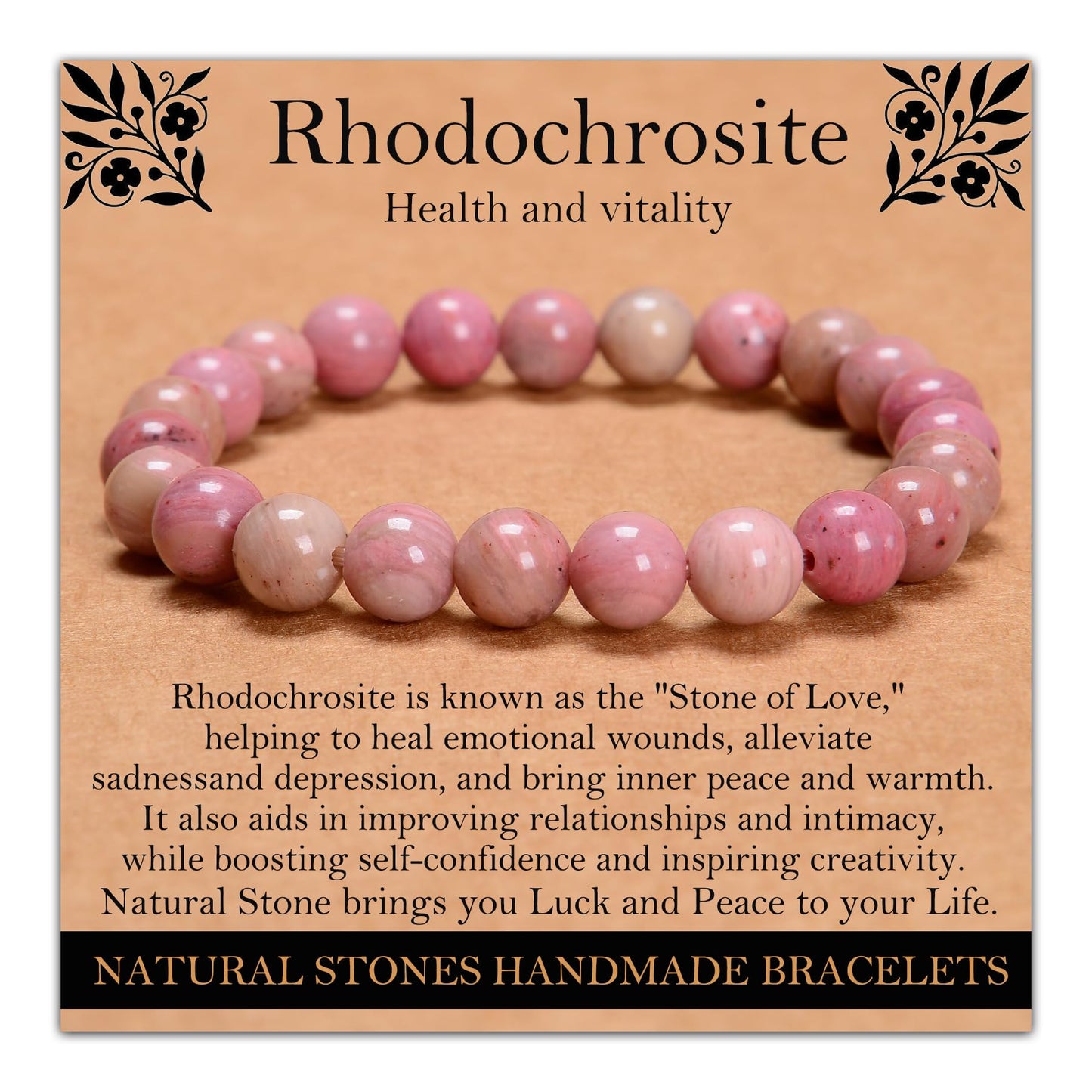 Handmade Natural Gemstone Elastic Bracelet - Healing Crystal Beads Jewelry, Unisex (Rhodochrosite, 8mm)