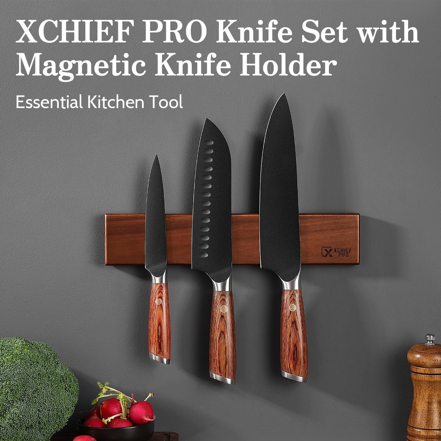 XCHIEF PRO Kitchen Knife Set, 4 Pieces Japanese High Carbon Stainless Steel Chef Cooking Knife Set, Ultra Sharp Professional Chef Santoku Utility Knives (Black)