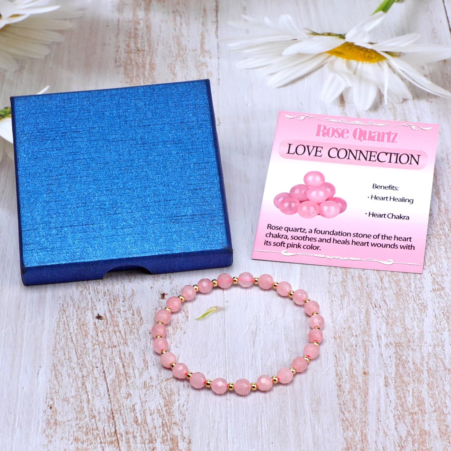 QOGIR Rose Quartz - Love Connection - 14K Gold Plated Beads Natural Gemstone Stretch Elastic Dainty Healing Beaded Bracelets Gifts 6mm