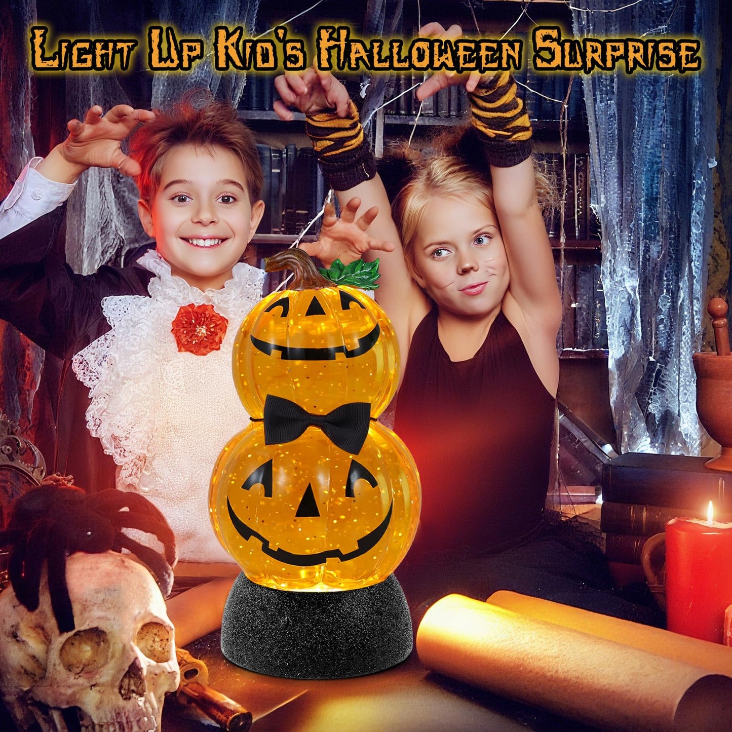 Halloween Snow Globe Lantern Lighted Pumpkin Musical Snow Globe Glitter with 6H Timer Battery and USB Operated Halloween Snow Globes Water Lantern for Spooky Festival Party Decoration (Pumpkin)