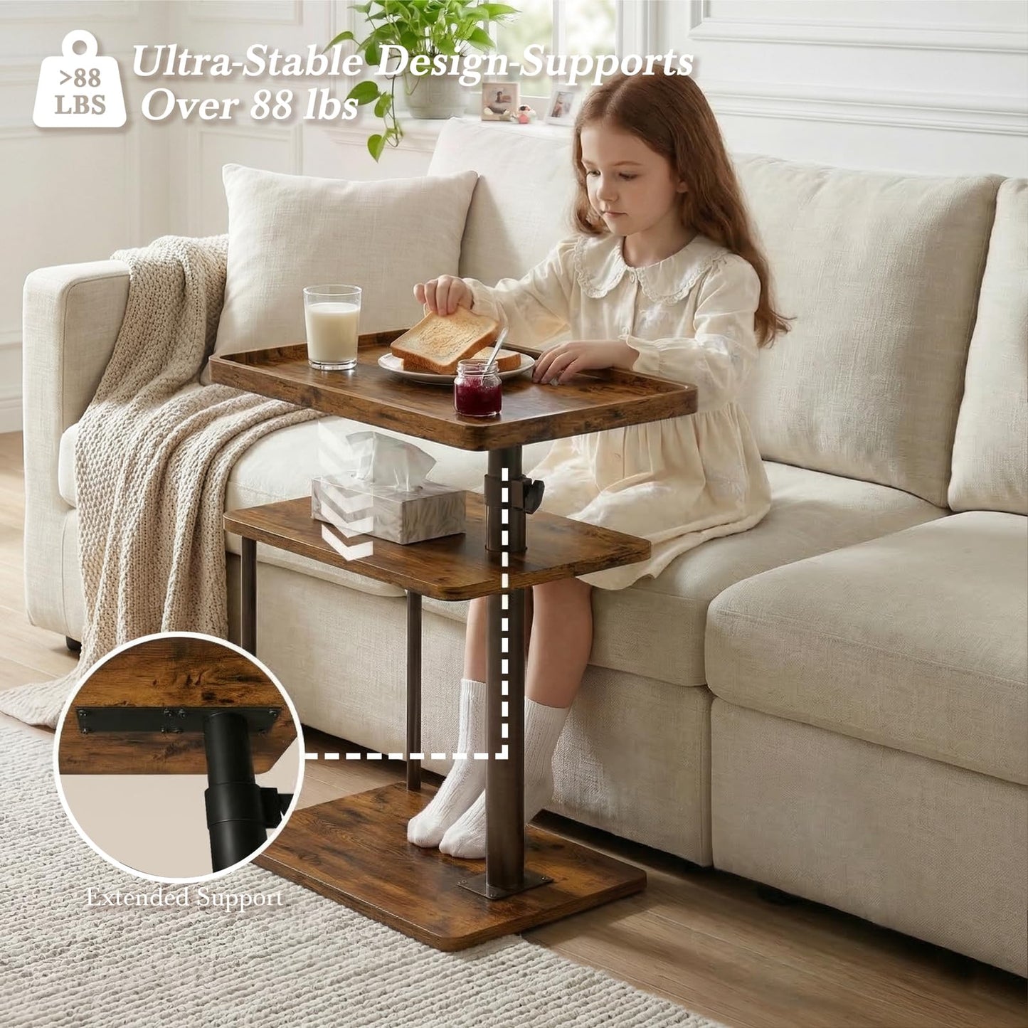 Faesun C Table End Table Adjustable Height, 360°Swivel TV Tray Table for Small Spaces, Small Nightstand for Living Room, Bedroom, Rustic