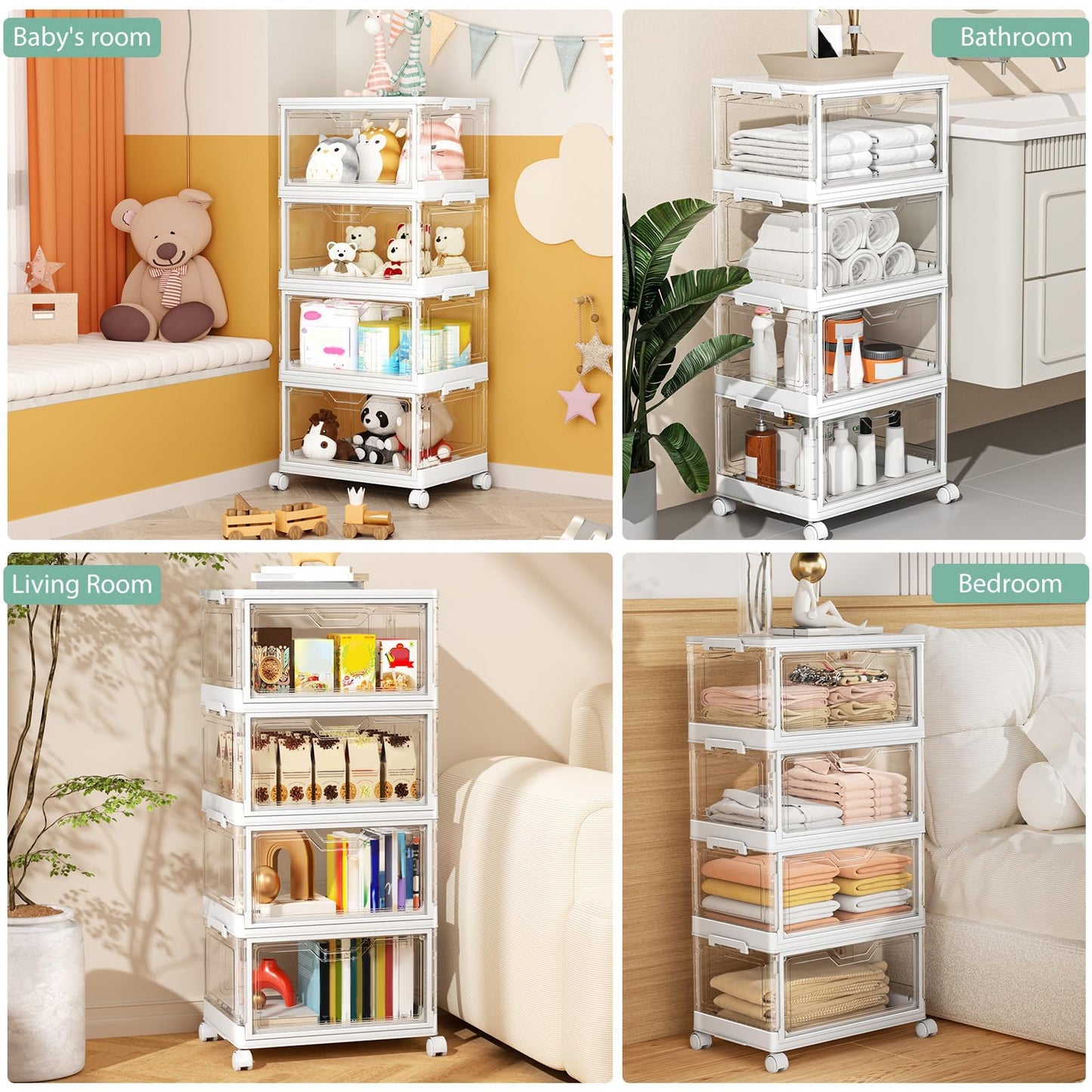 Kmiectse Clear Storage Bins with Lids - 4 Tier Plastic Bins with Wheels, Stackable Storage Bin, Closet Organizers Box for Bedroom, Living Room, 23 QT Folding Box with Magnetic door