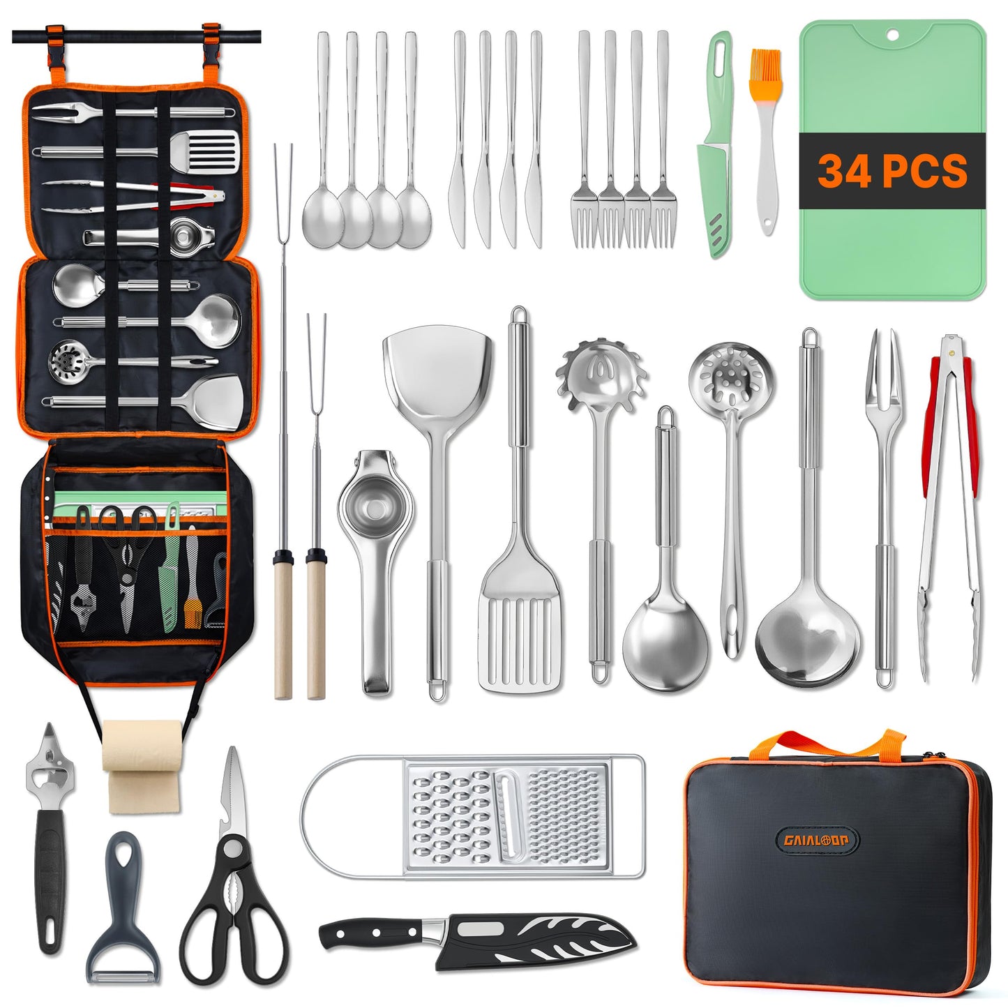 Gaialoop Camping Cooking Utensils Set 34 PCS Camp Kitchen Cookware Kit with Organizer Bag, Portable RV Camping Essentials Camper Must Haves for Cookouts Open Fire Pit