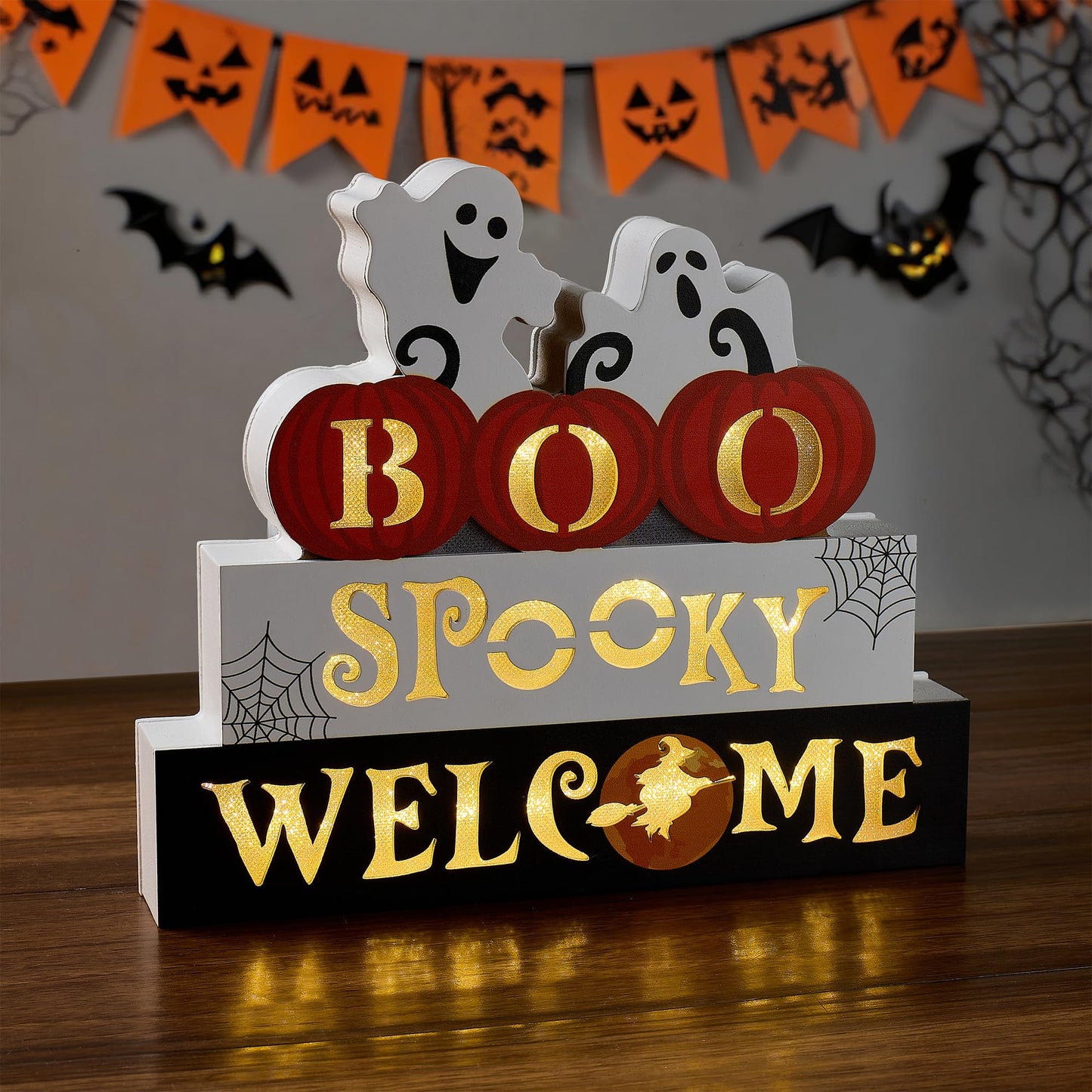 WBao Halloween Decorations Indoor 9.4inch Premium Wooden Block Set with Glowing 3D Letters, Timer, Battery Powered Rustic Farmhouse Centerpiece for Home, Table, Mantel, Shelf Halloween Party Decor