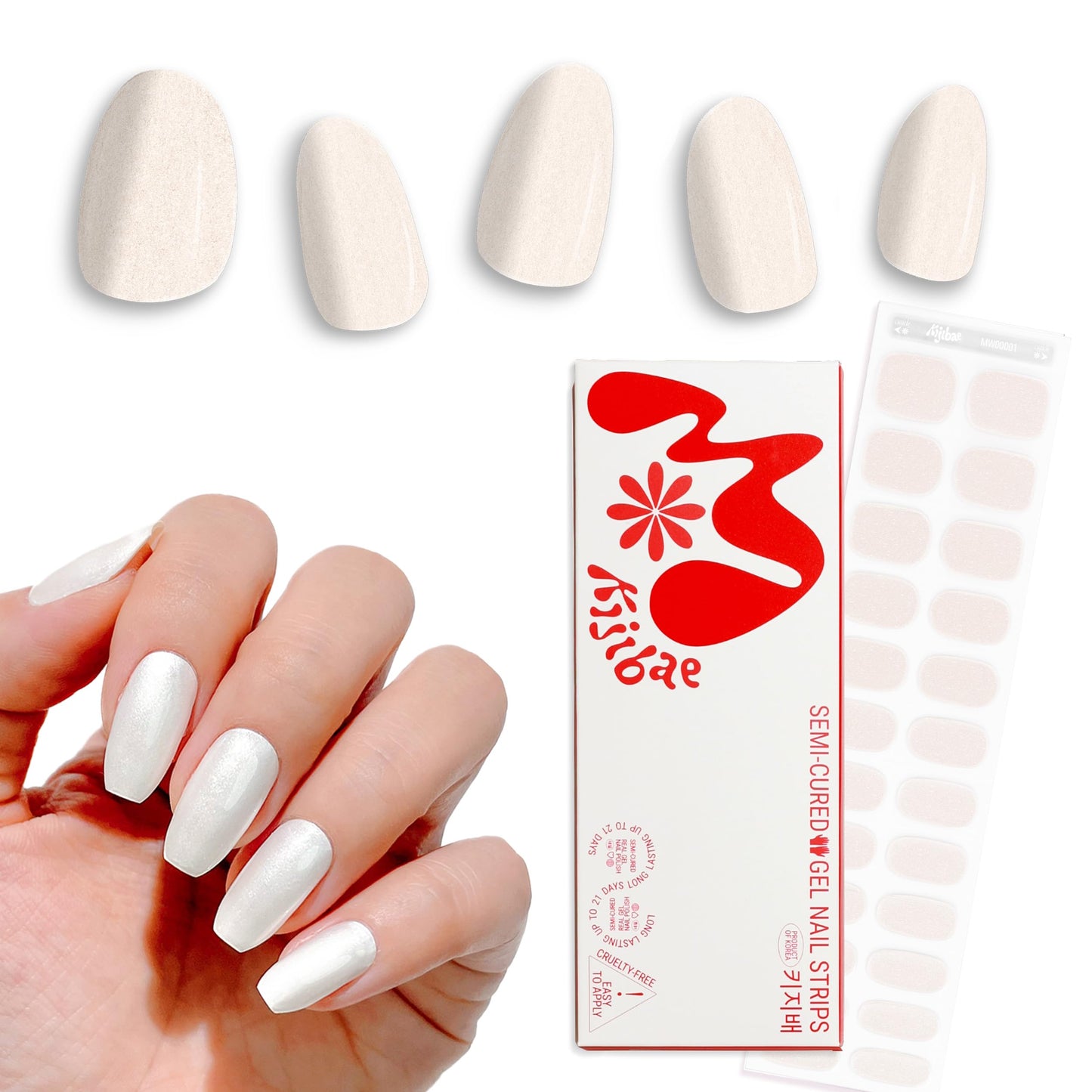 Kijibae Semi Cured Gel Polish Strips | 24pc UV LED Required Wraps | Gift Peel and Stick Nails | Coquette DIY Home Manicure | Press On Alternative (Chill Pearl)