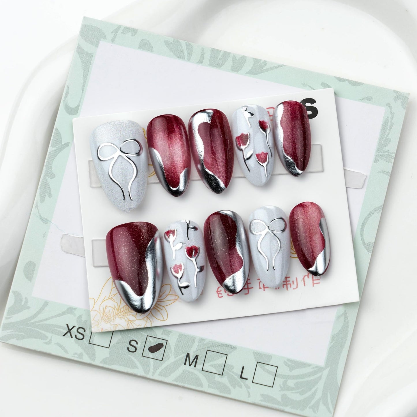 Medium Press on Nails Almond Fake Nails Red Acrylic Nail Press Ons Seeneey Bow and Flowers Designs Cat eye Stick on Nail for Women 30pcs