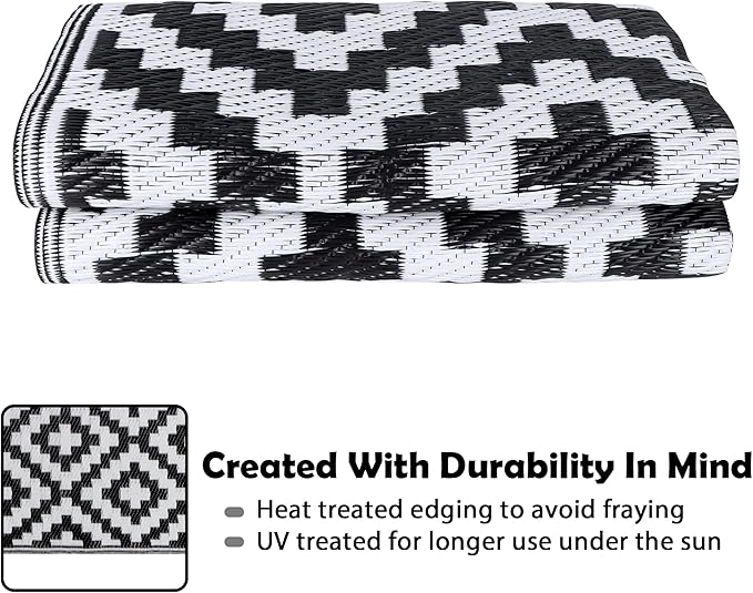 SAND MINE Waterproof Outdoor Rug 4x6 ft, Plastic Reversible Rug, Modern Area Rug, Large Floor Mat for Outdoors, RV, Patio, Backyard, Deck, Picnic, Beach, Camping (4' x 6', Black & White Lattice)