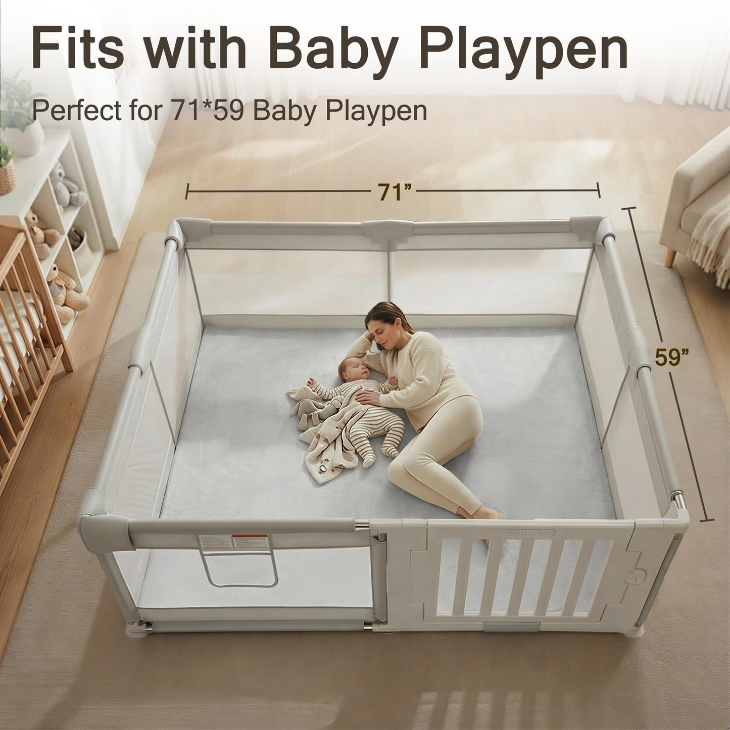 Funyoo 71" ×59" Padded Baby Play Mat for Floor, 1.2" Thick Machine Washable Foam Playmat, Soft Tummy Time Crawling Playpen Mat with Non-Slip Bottom, Fits 71" x59" Playpens