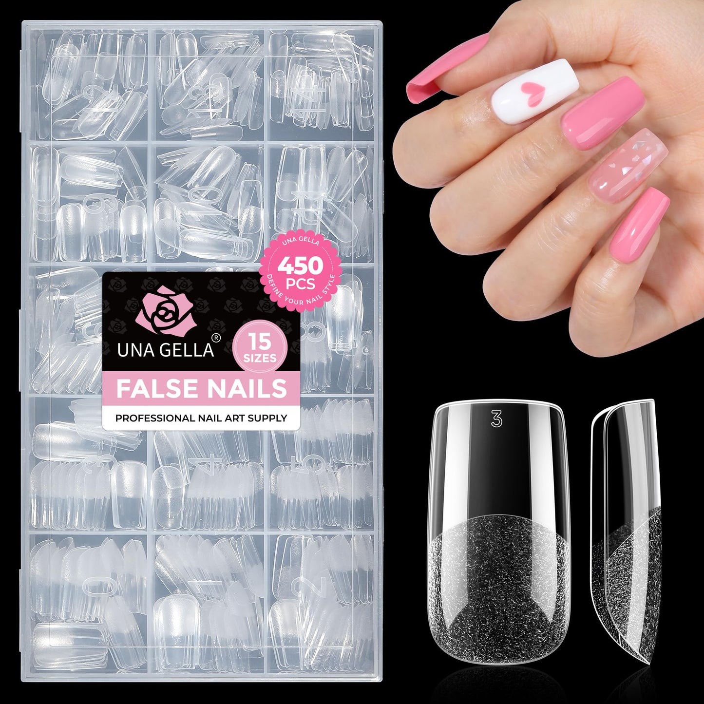 UNA GELLA Medium Square Nail Tips: 450PCS Medium Fake Acrylic Gel Nail Tips 15 Sizes Soft Pre-shape Press On Nails Square French For Full Cover Nails Extension Home DIY Salon