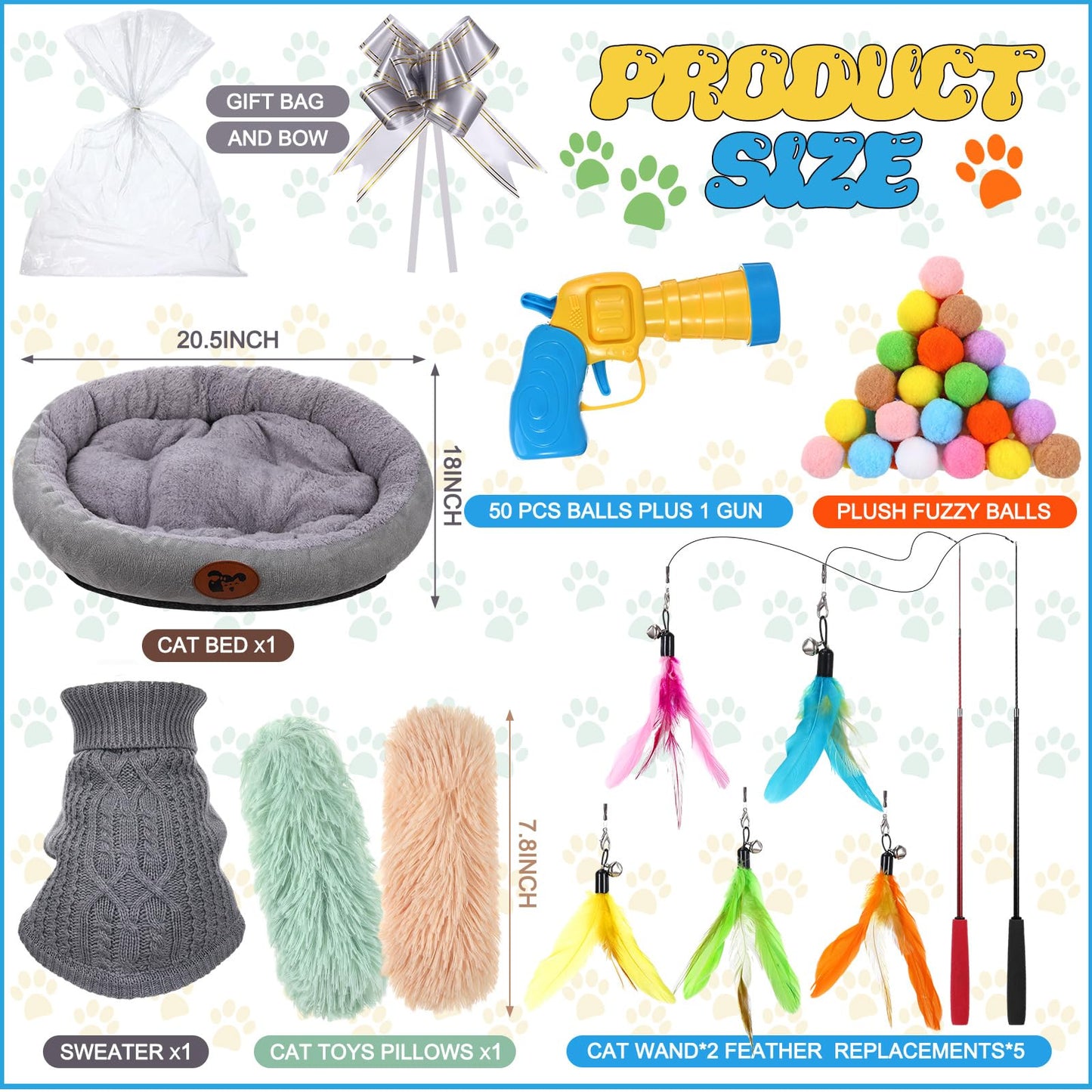 Zopeal 59 Pcs Cat Gift Sets Including Cat Bed Pillows Winter Sweater Interactive Retractable Wand Toy and Feather Toys Launcher Gun with Plush Balls for Pet Lover with Gift Wrapping Bag and Bow