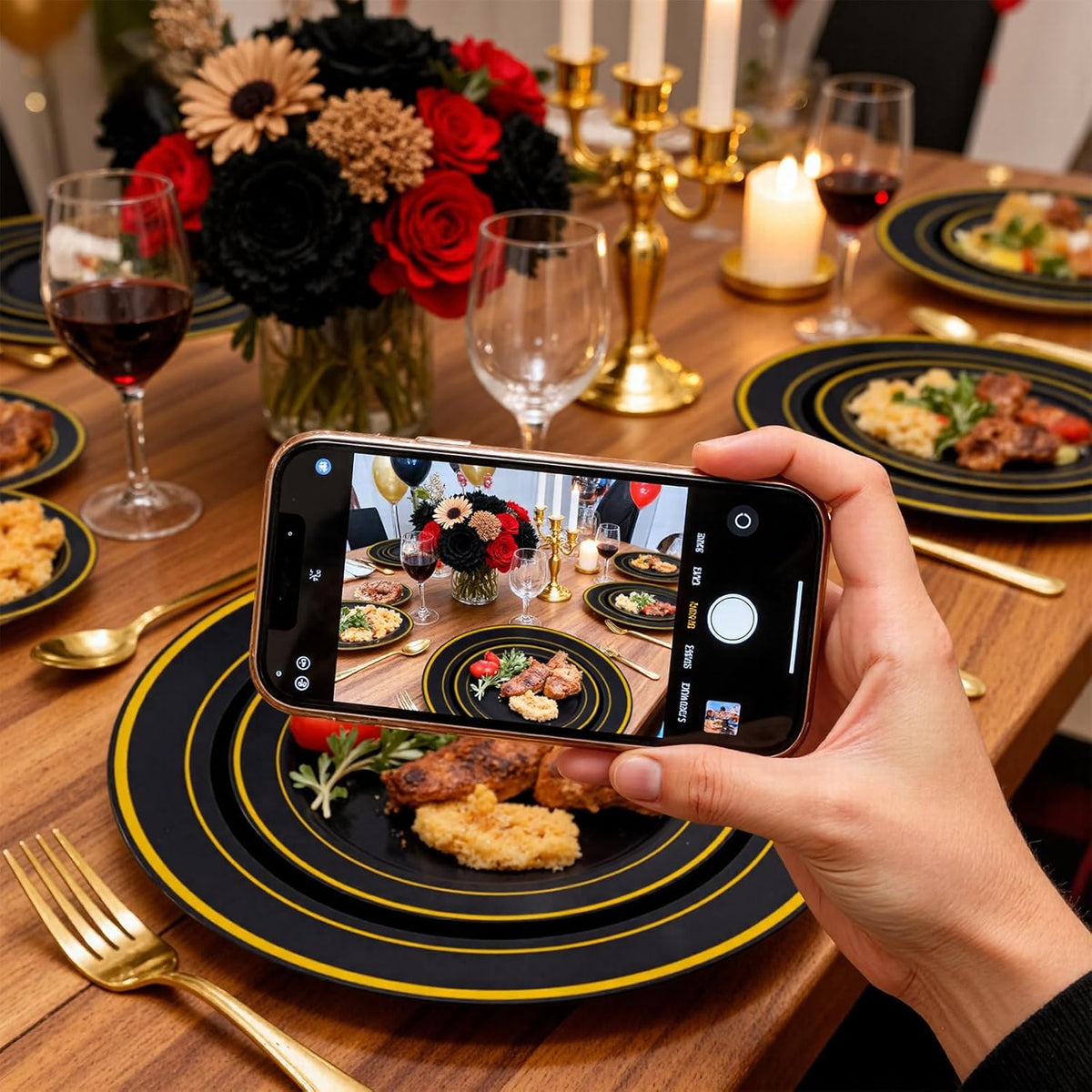 WELLIFE 210PCS Black and Gold Plastic Plates - Plastic Dinnerware Set for 30 Guests,Include 30 Dinner Plates, 30 Dessert Plates, 30 Black Cups 9 OZ, 30 Pre Rolled Napkins with Gold Silverware