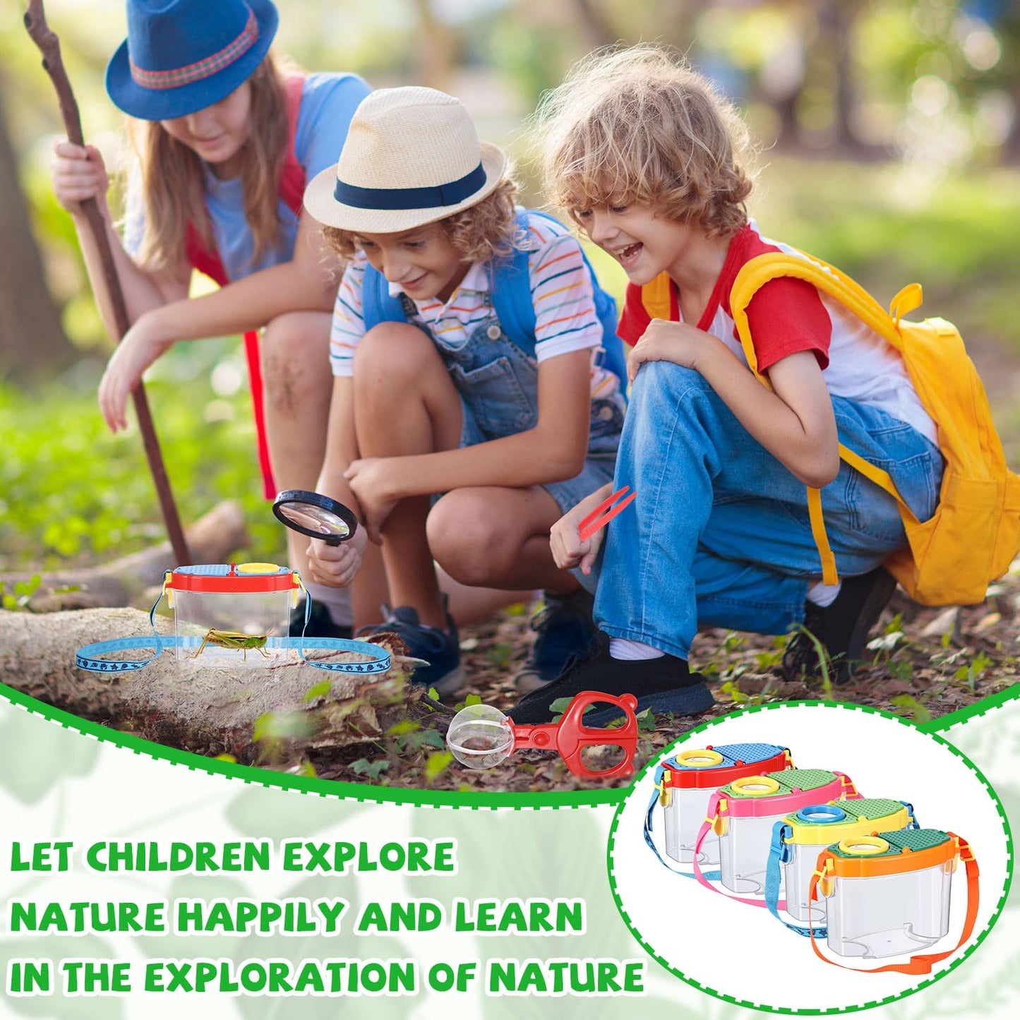 Halloscume 4 Set Bug Catcher for Kids Bug Viewer and Insects Tweezer for Students, Critter Catching Kit Magnifying Insect Cage Container Kit for Kids Outdoor Science Nature Exploration
