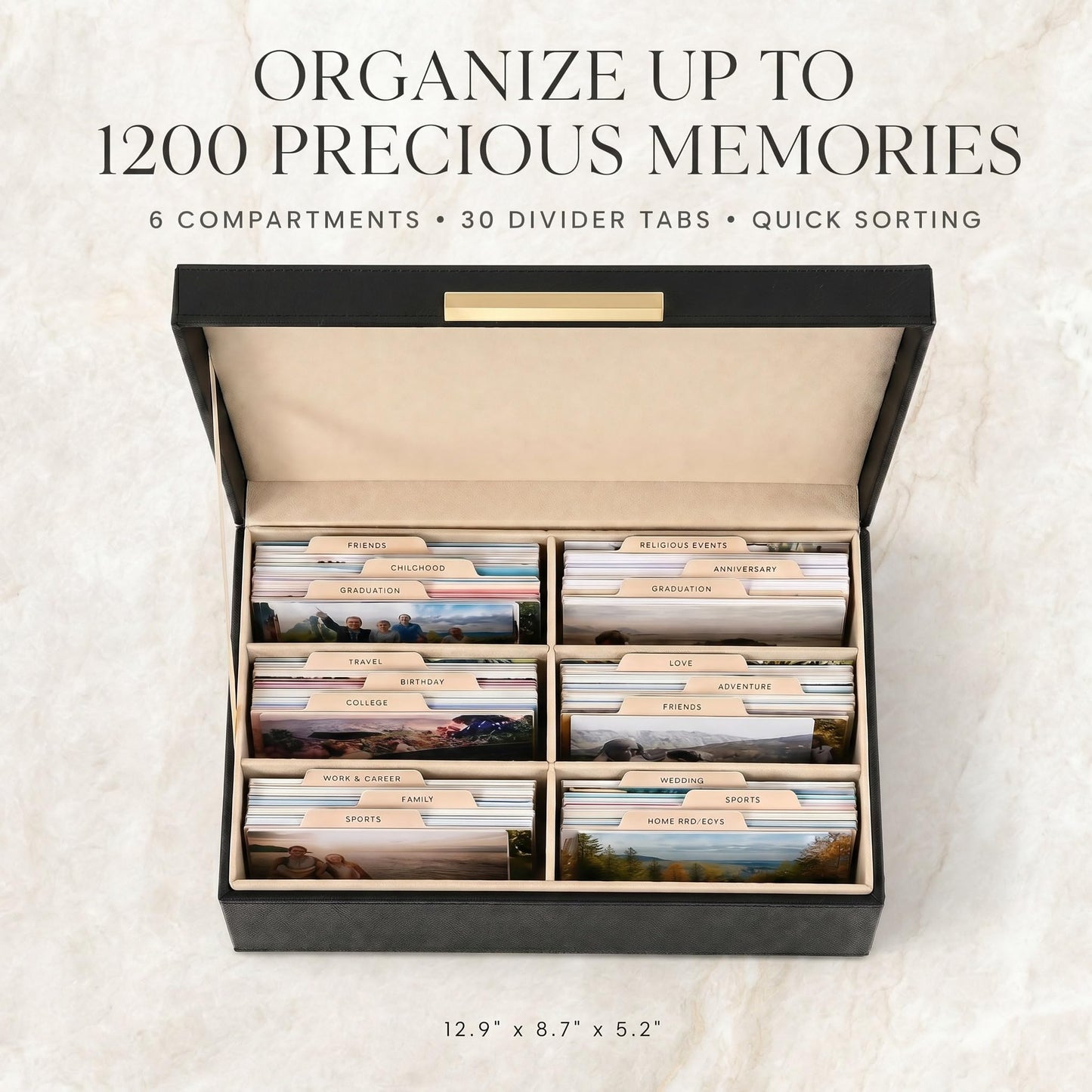 ZICOTO Decorative Photo Storage Box - Sturdy PU Leather Photo Organizer with Dividers is Perfect to Store Up to 1200 Pictures and 4x6 Photos - Portable Scrapbook Storage Containers with Lid