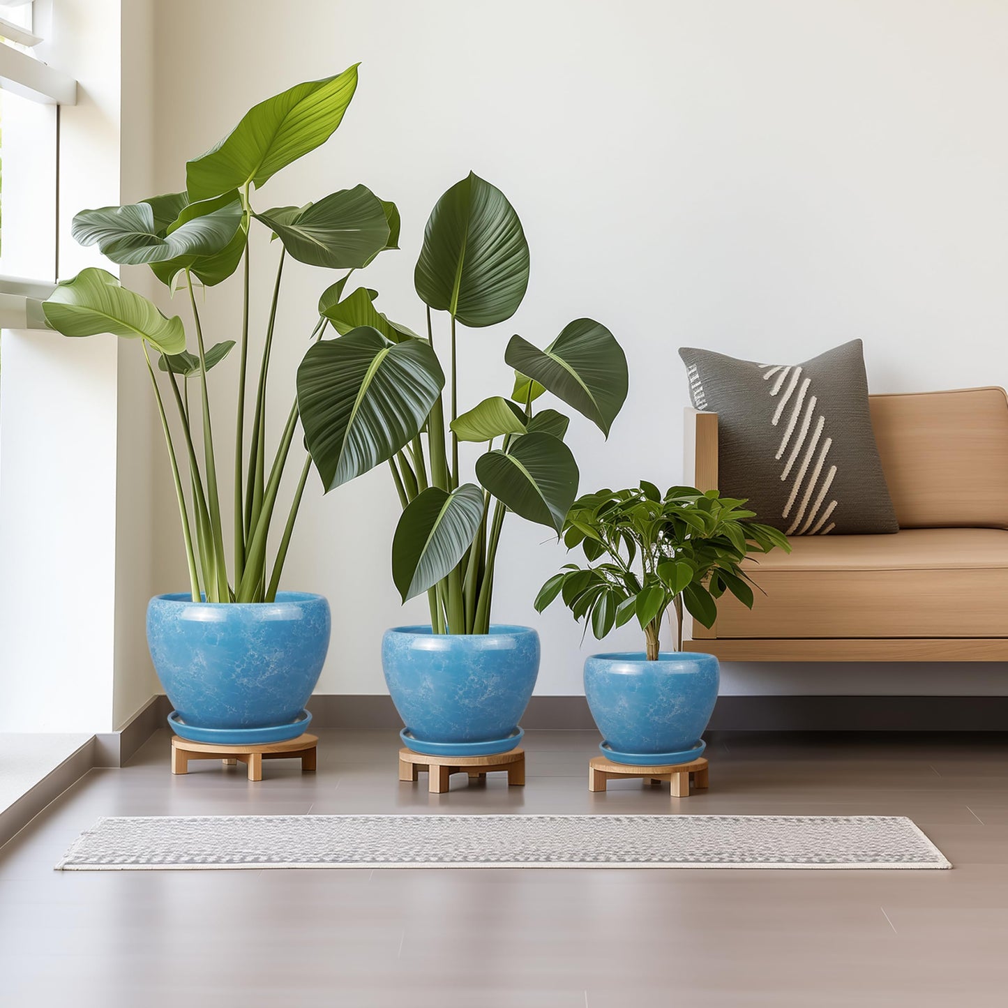 EPFamily Ceramic Plant Pots - 10+8+6 Inch Modern Round Planters for Indoor Outdoor with Drainage Holes and Plant Saucers, Room Patio House Office Decor, Gardening Gifts for Women Men, Set of 3, Blue