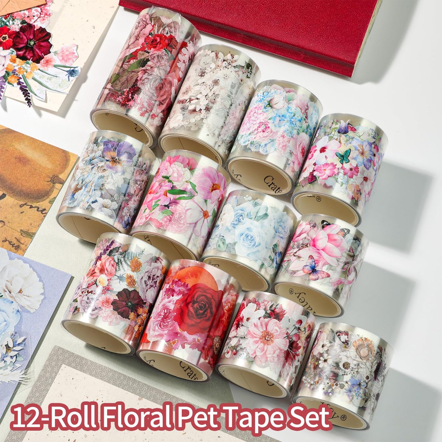 Cratey 12-Roll Floral PET Washi Tape Set & PET Stickers – Easy to Use for Journaling & Card Making, Ideal for Scrapbooking & Junk Journaling