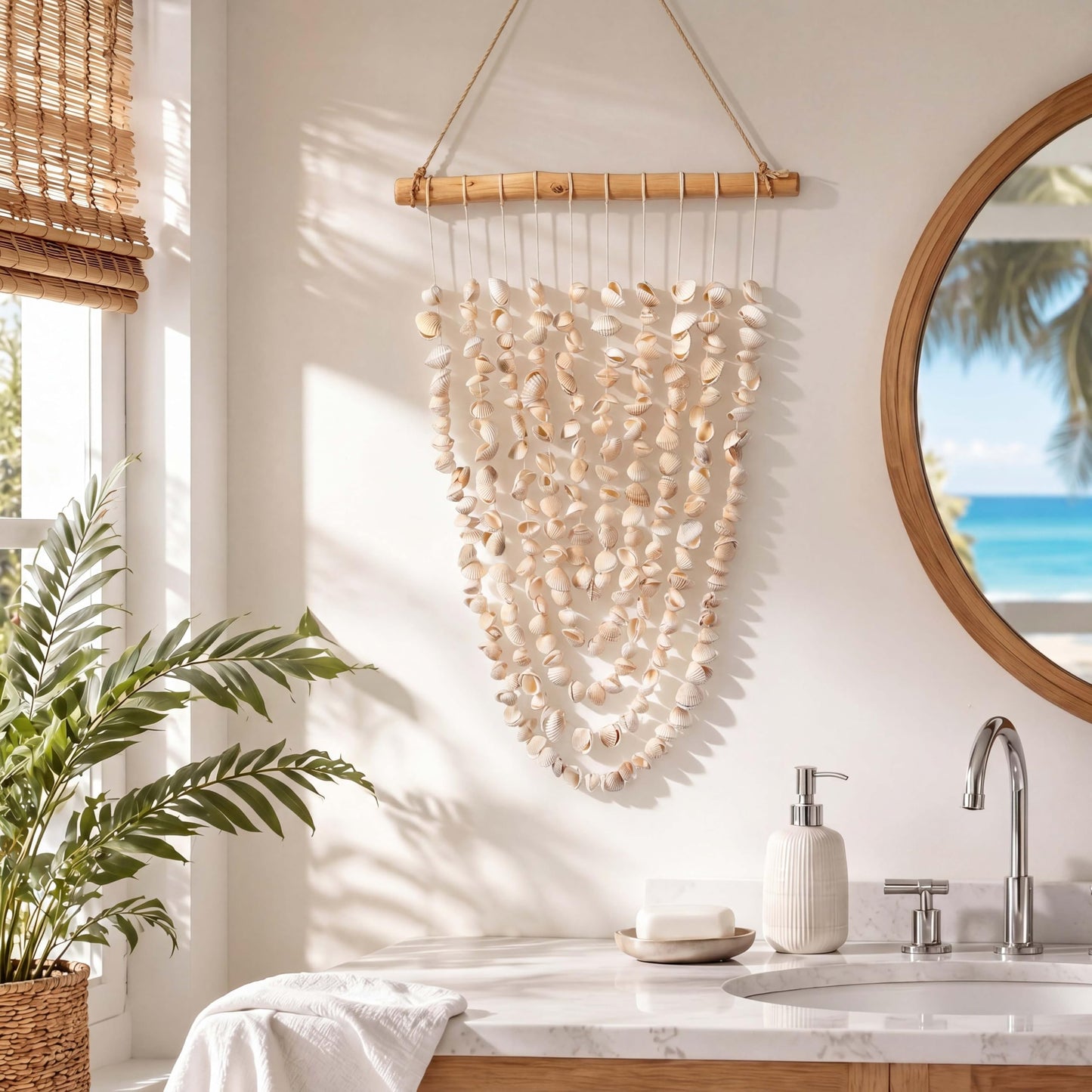 Novabright Seashell Wall Hanging Decor Coastal Beach Shells Wind Chimes 20.4 Inch Handmade White Sea Shells with Driftwood Farmhouse Rustic Ocean Wall Art for Summer Bedroom Bathroom Living Room