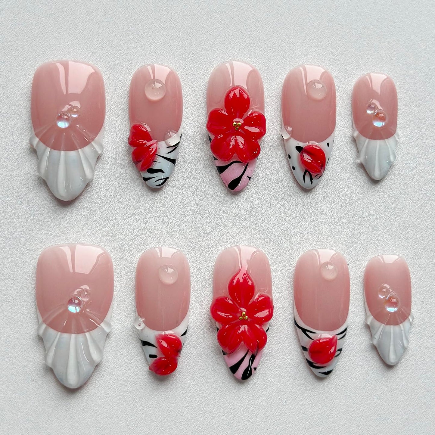 Luxury Press on Nails Medium Almond Handmade 3D Unique Reusable ABS Material Fake Nails White French Tip False Nails with Designs Water Drop Red Flower Glossy Glue on Nail Thick Acrylic Nail(M)