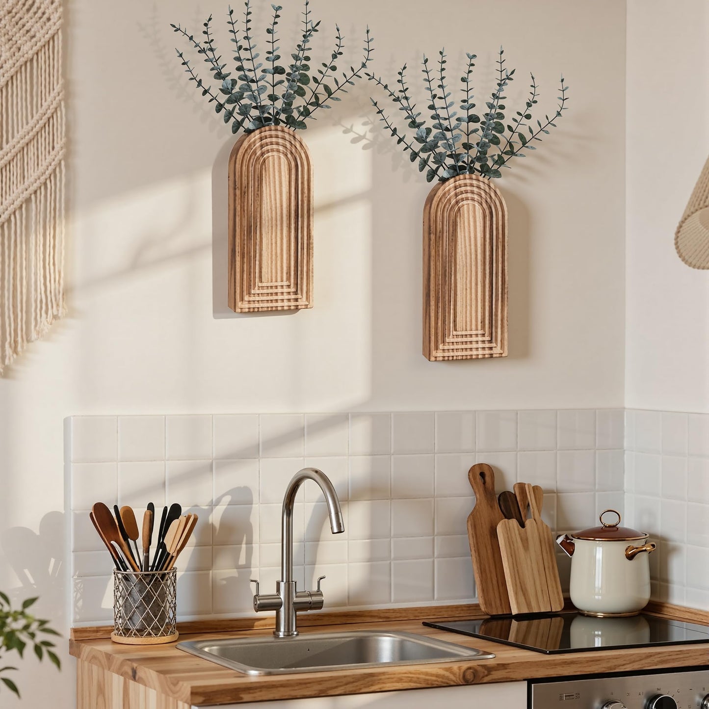 Wooden Wall Vase Set of 2, Wall Hanging Planter Modern Farmhouse Wall Decor for Boho Wall Decor for Indoor Entryway Hallway Bathroom Living Room Dining Room