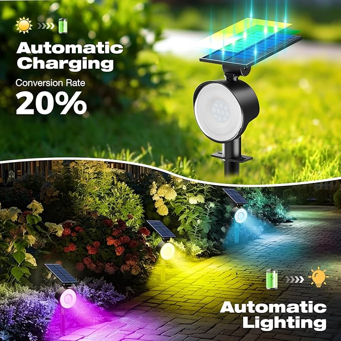 nipify 2 Pack Solar Spot Lights Outdoor Waterproof, Solar Spotlight Light for Outside Yard Landscape Lighting Pathway Lights Wall Auto On/Off, RGB