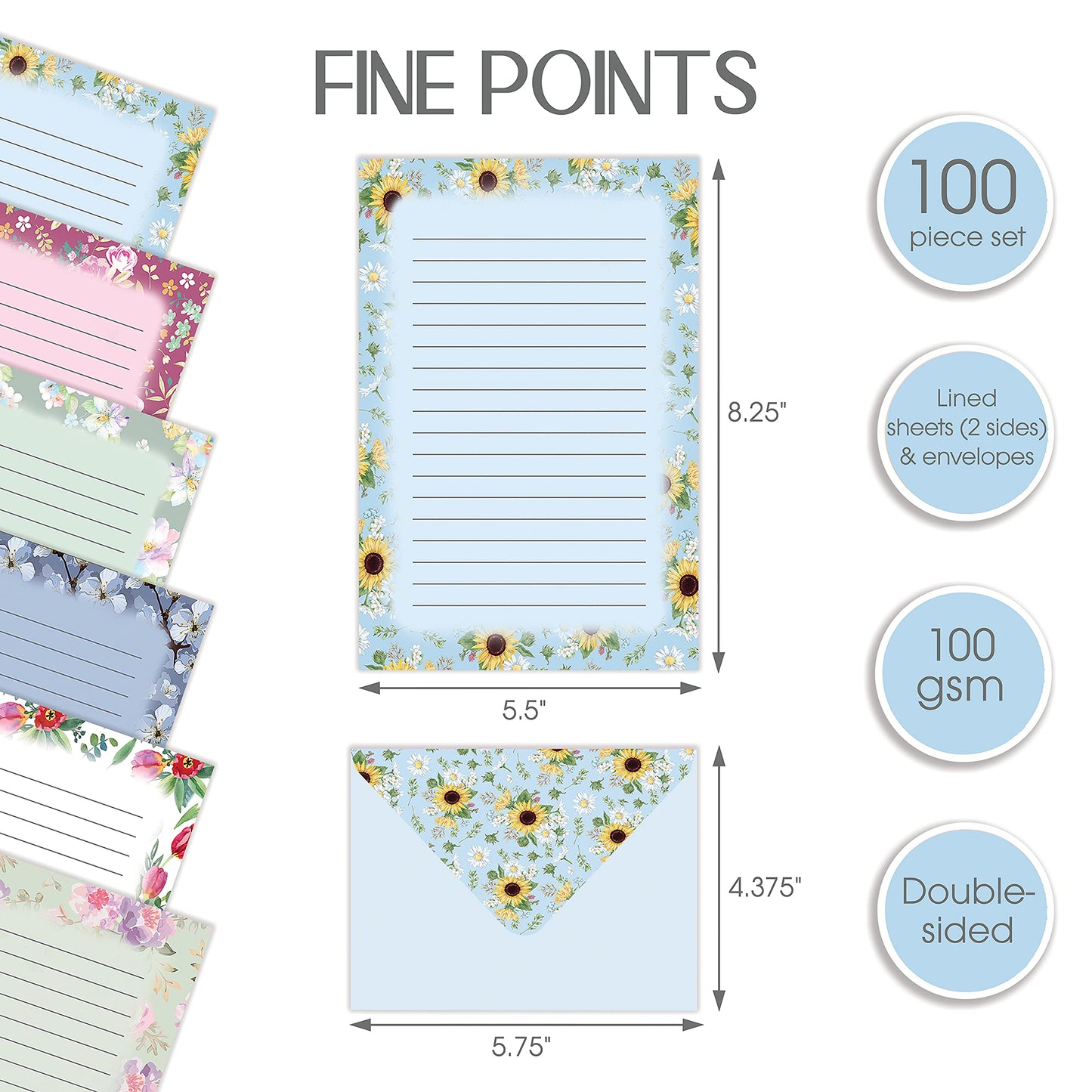 Better Office Products Mini Stationery Set, 100 Piece Set (50 Lined Floral Sheets + 50 Matching Envelopes), 5.5 x 8.25 inch, 6 Unique Designs, Double Sided Printing, Double Side Lined Paper,