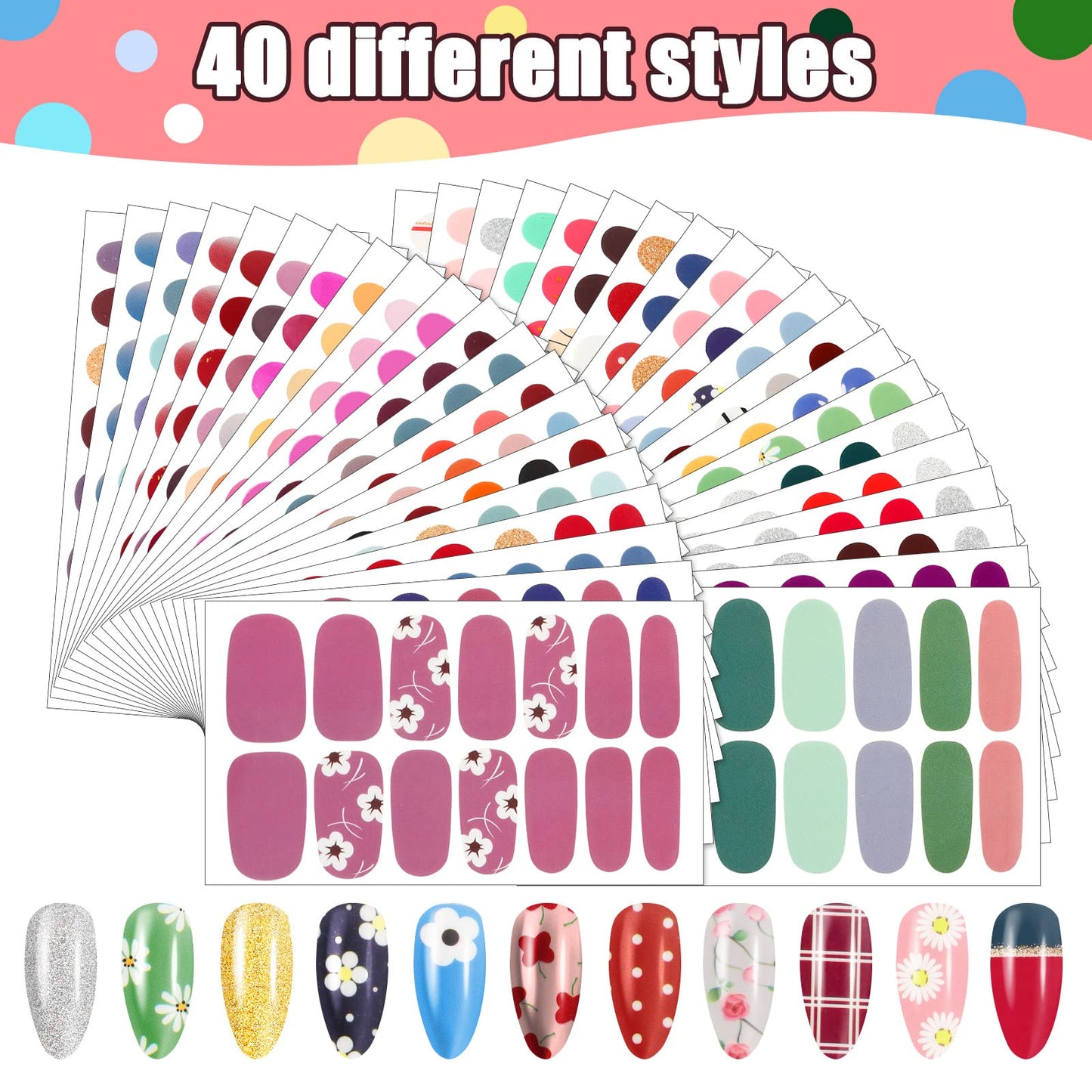Maitys 560 Pieces 40 Sheets Full Wrap Nail Stickers Nail Polish Strips Decals Self Adhesive Gel Fingernail Strips Art Decals with File for Women DIY Craft Decorations(Flower Style)