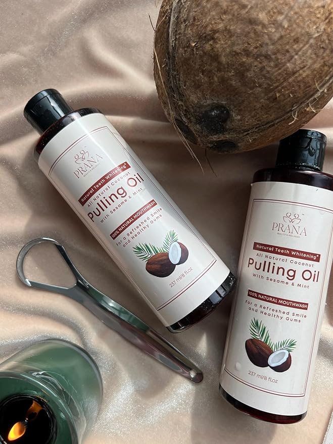 PRANA Coconut Pulling Oil Mouthwash with Tongue Scraper- Ayurvedic Oils for Clean Rinse with Coconut Oil & Clove & improving Teeth & Gum Health - Teeth Pulling Oil Keeps Your Mouth Refreshed- (2 Pack)